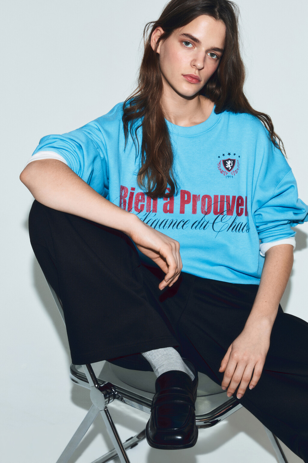 Свитшот оверсайз из футера с принтом - цвет синий - 1