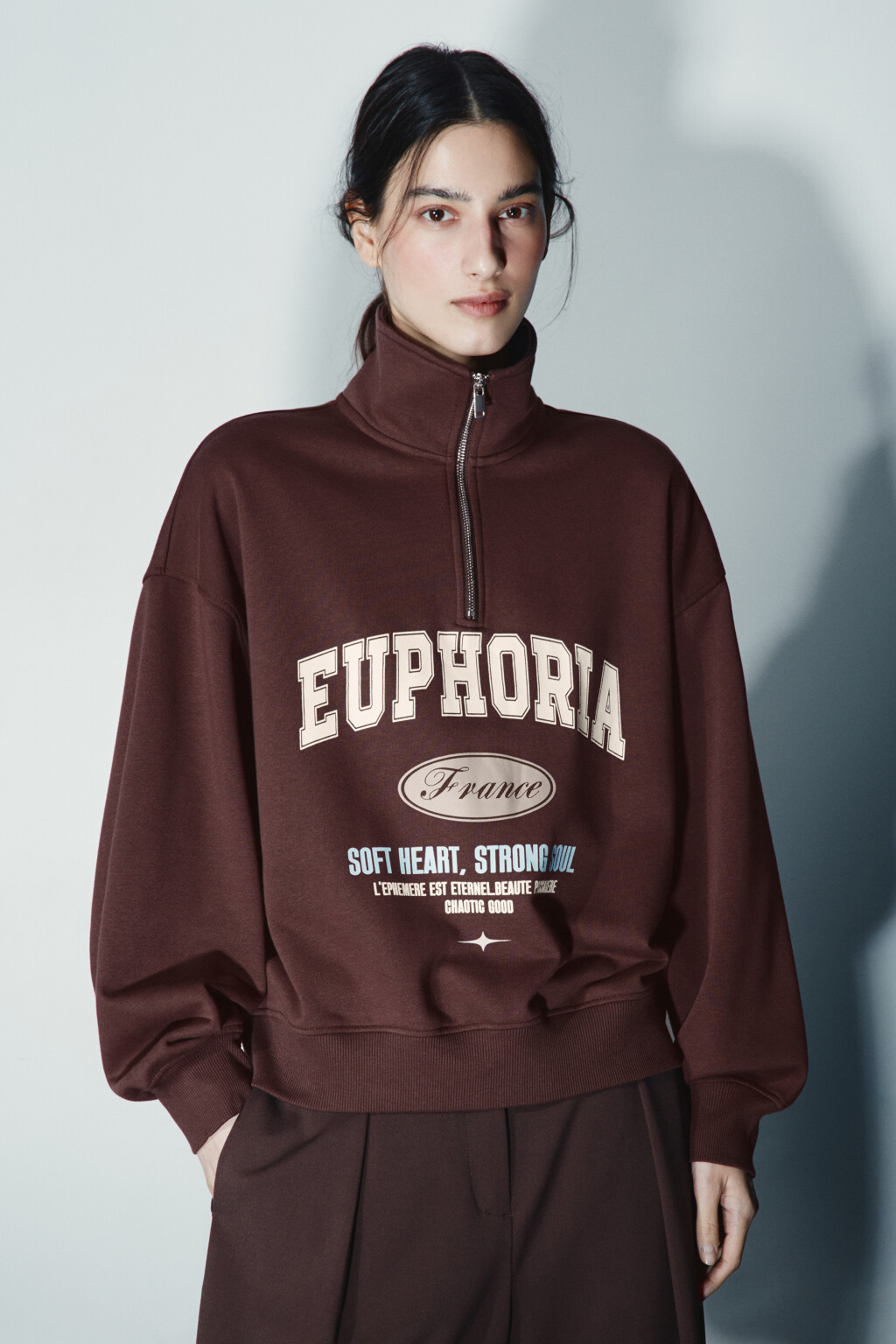 Свитшот с воротником на молнии - цвет коричневый - 2