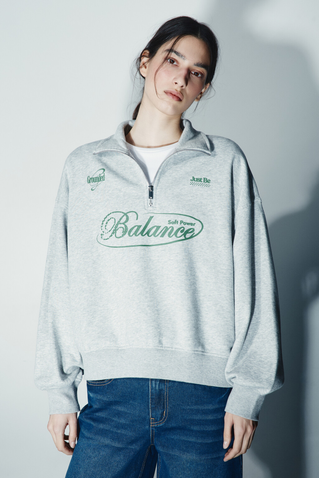 Свитшот с воротником на молнии - цвет серый - 2