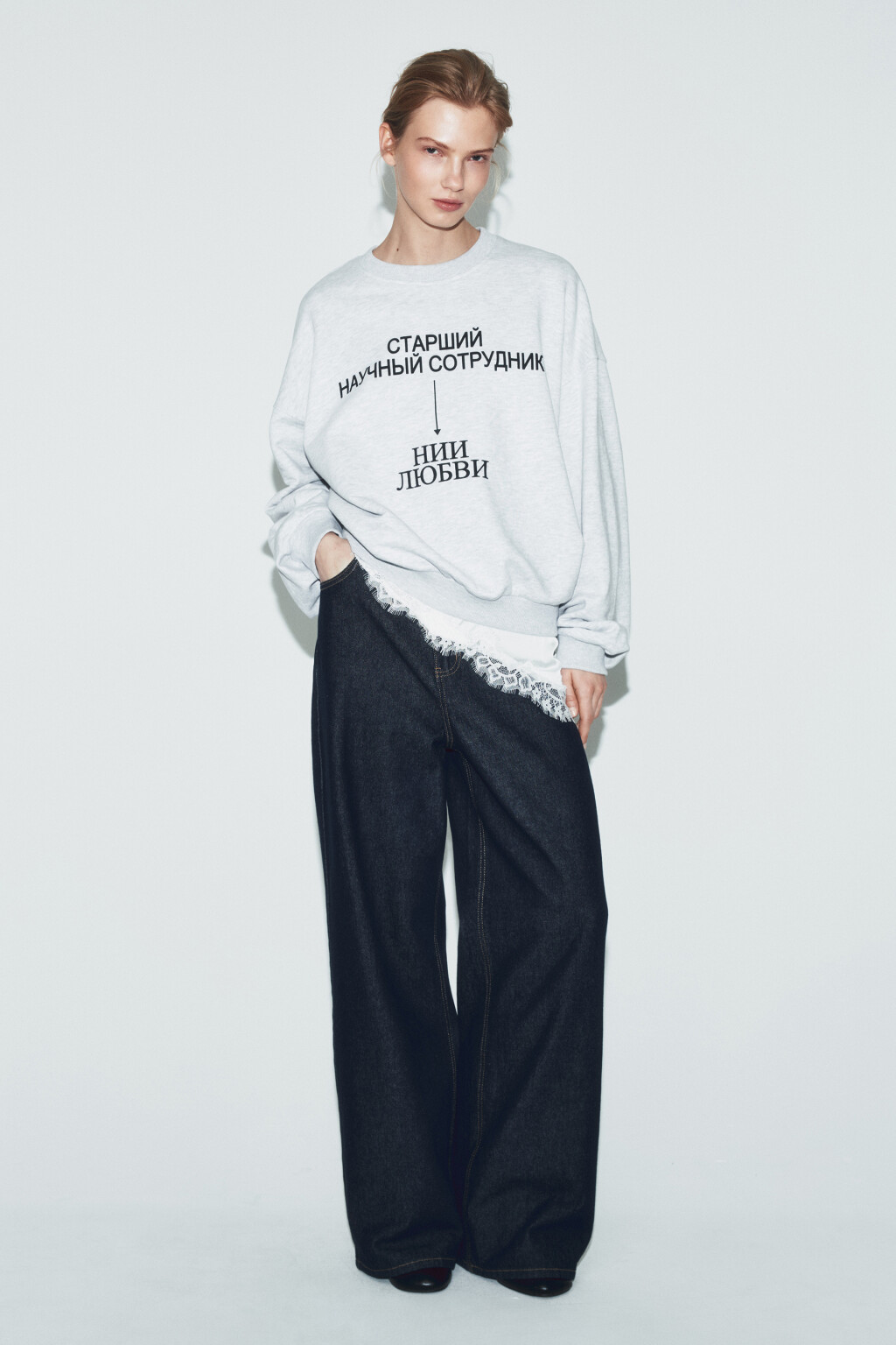 Свитшот оверсайз с надписью - цвет серый - 6