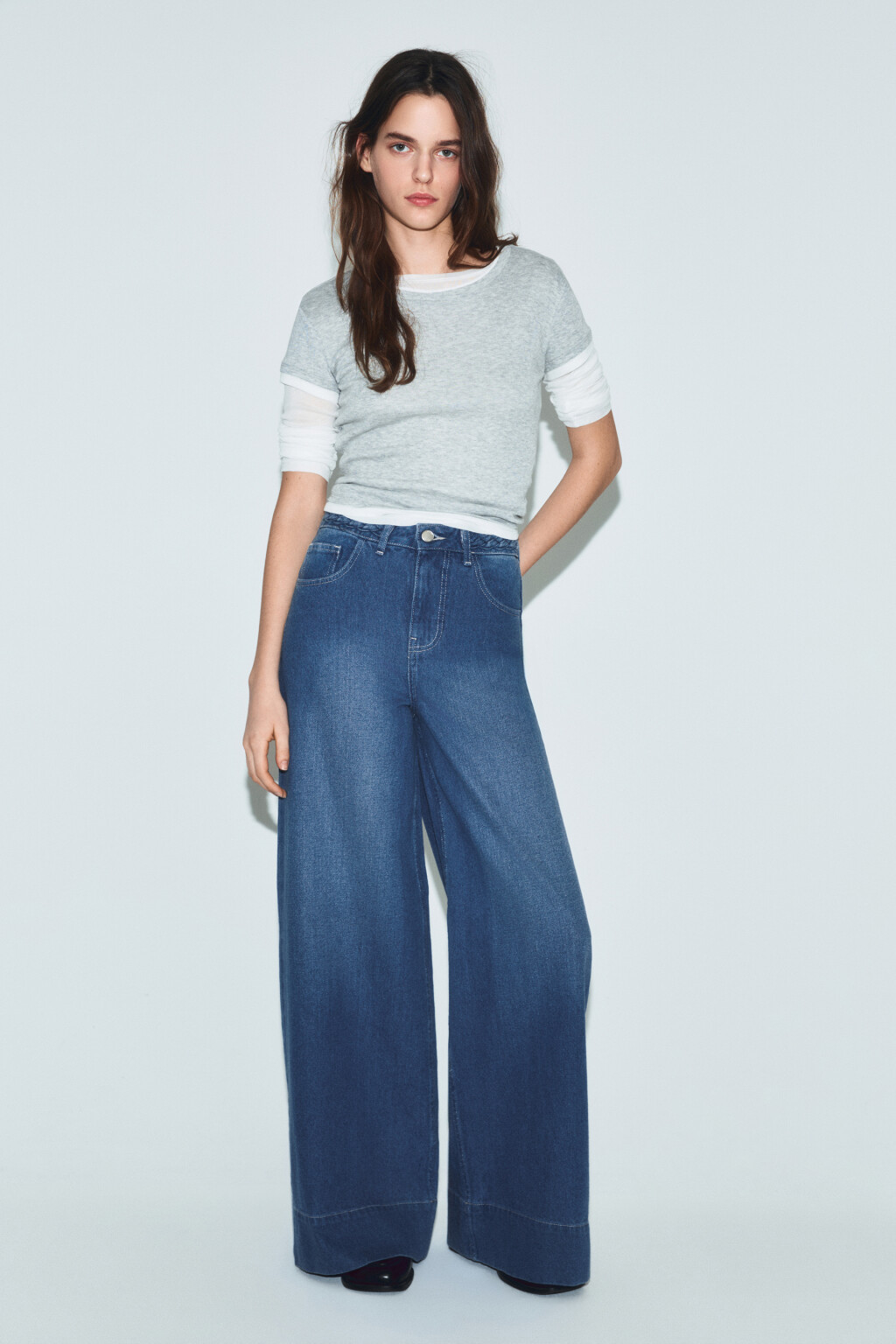 Джинсы wide leg с высокой посадкой и узором - цвет голубой - 4
