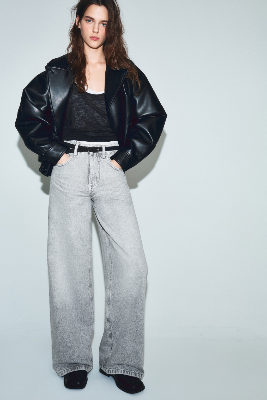 Джинсы широкие с высокой посадкой - цвет серый - 1