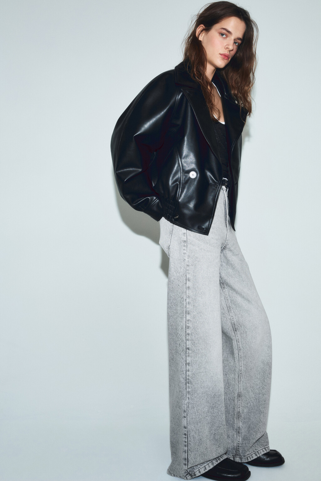 Джинсы широкие с высокой посадкой - цвет серый - 2