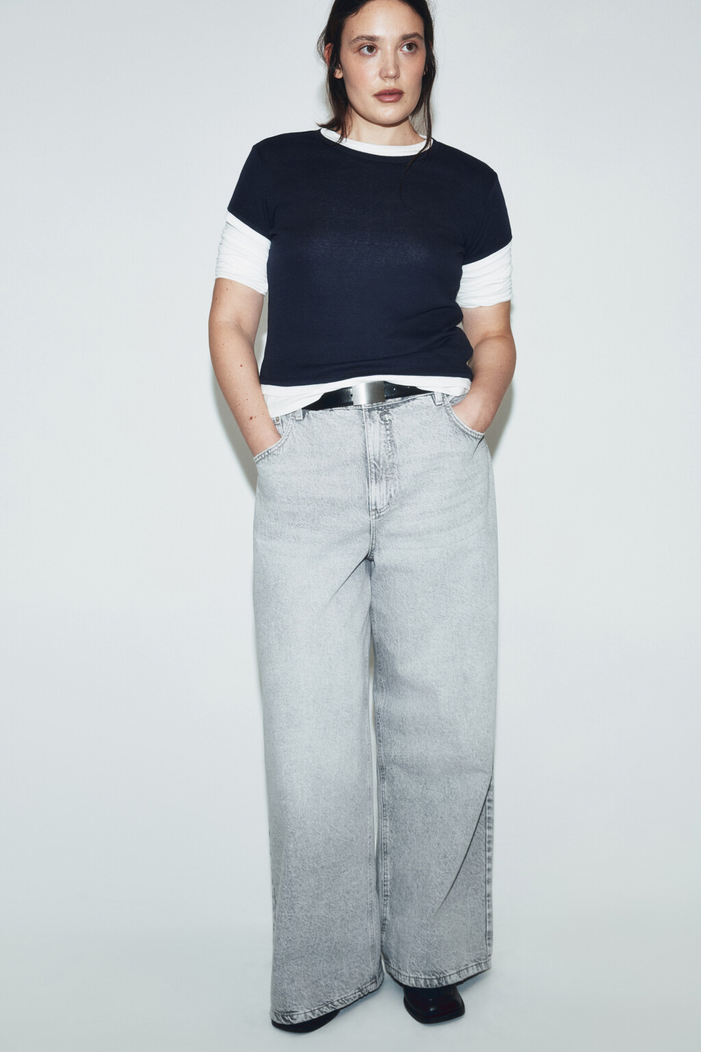 Джинсы широкие с высокой посадкой - цвет серый - 1