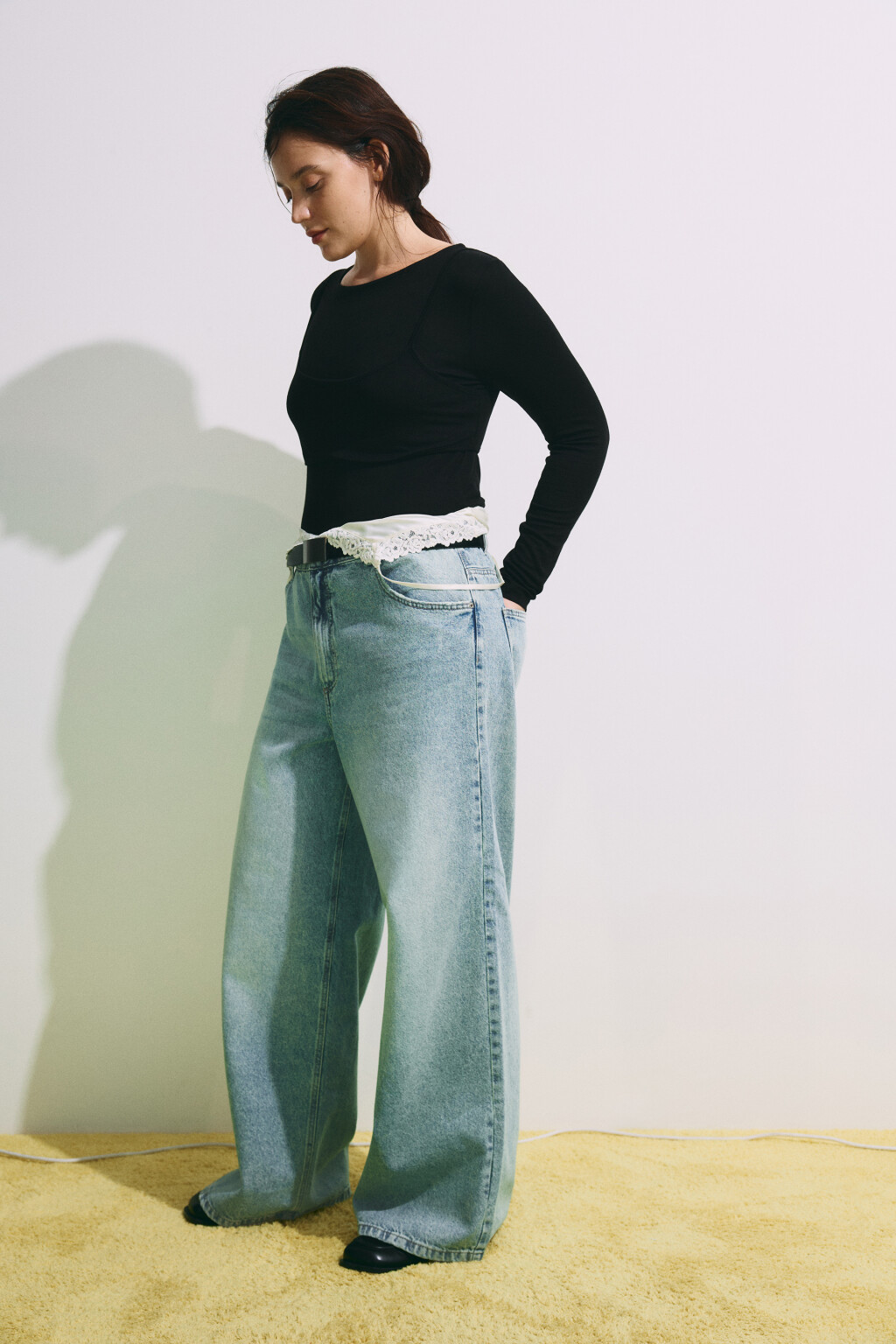 Джинсы широкие с высокой посадкой - цвет синий - 1