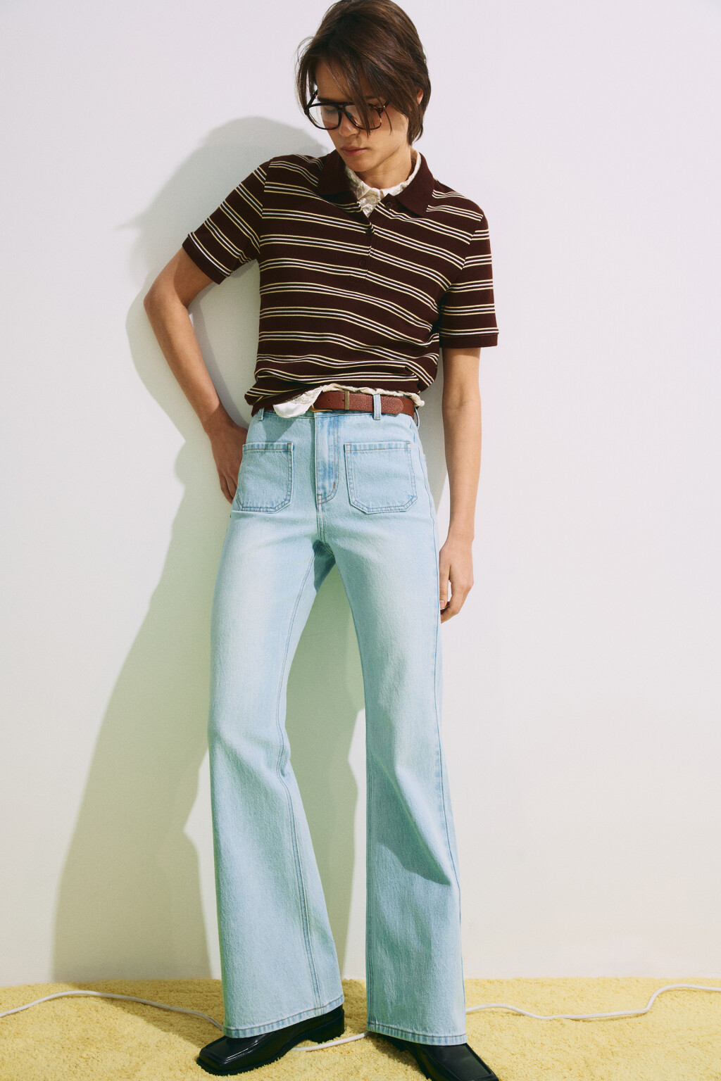 Джинсы клеш со средней посадкой и ремнем - цвет голубой - 1