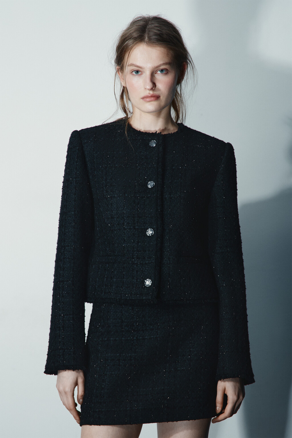 Жакет твидовый укороченный с шерстью - цвет черный - 3