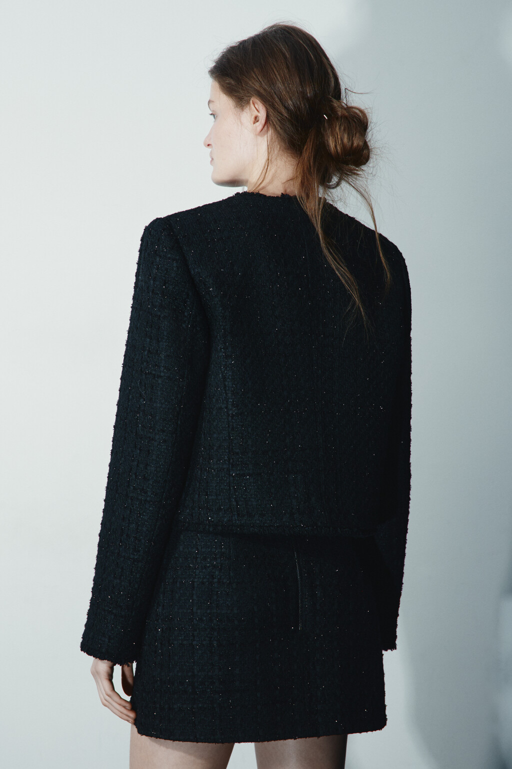 Жакет твидовый укороченный с шерстью - цвет черный - 4