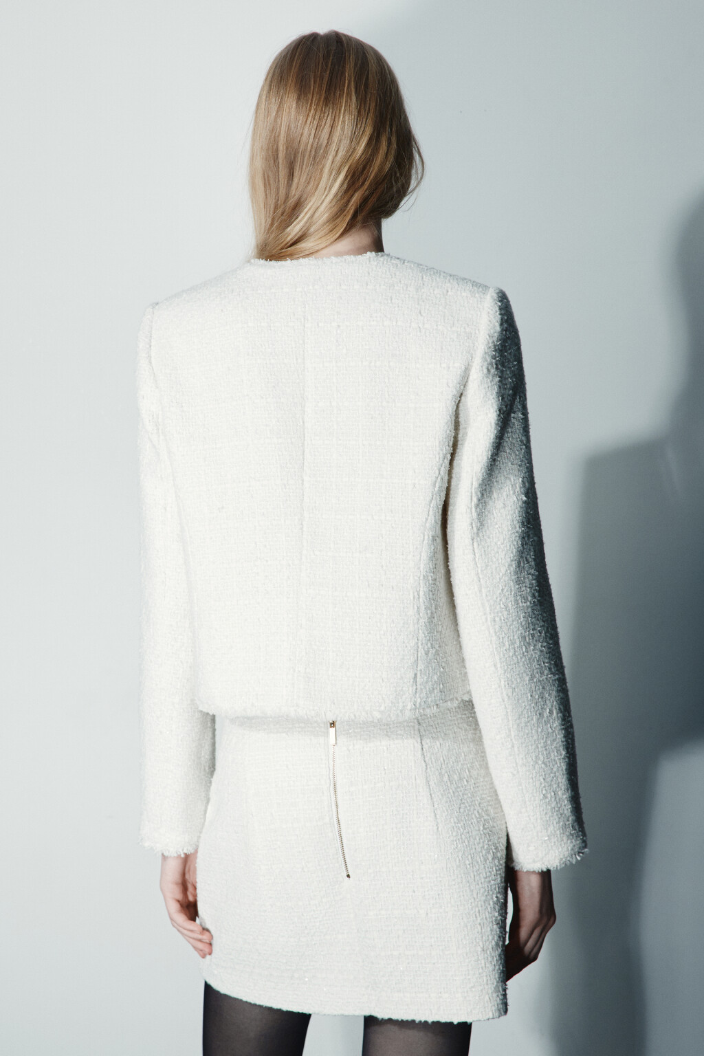 Жакет твидовый укороченный с шерстью - цвет молочный - 3