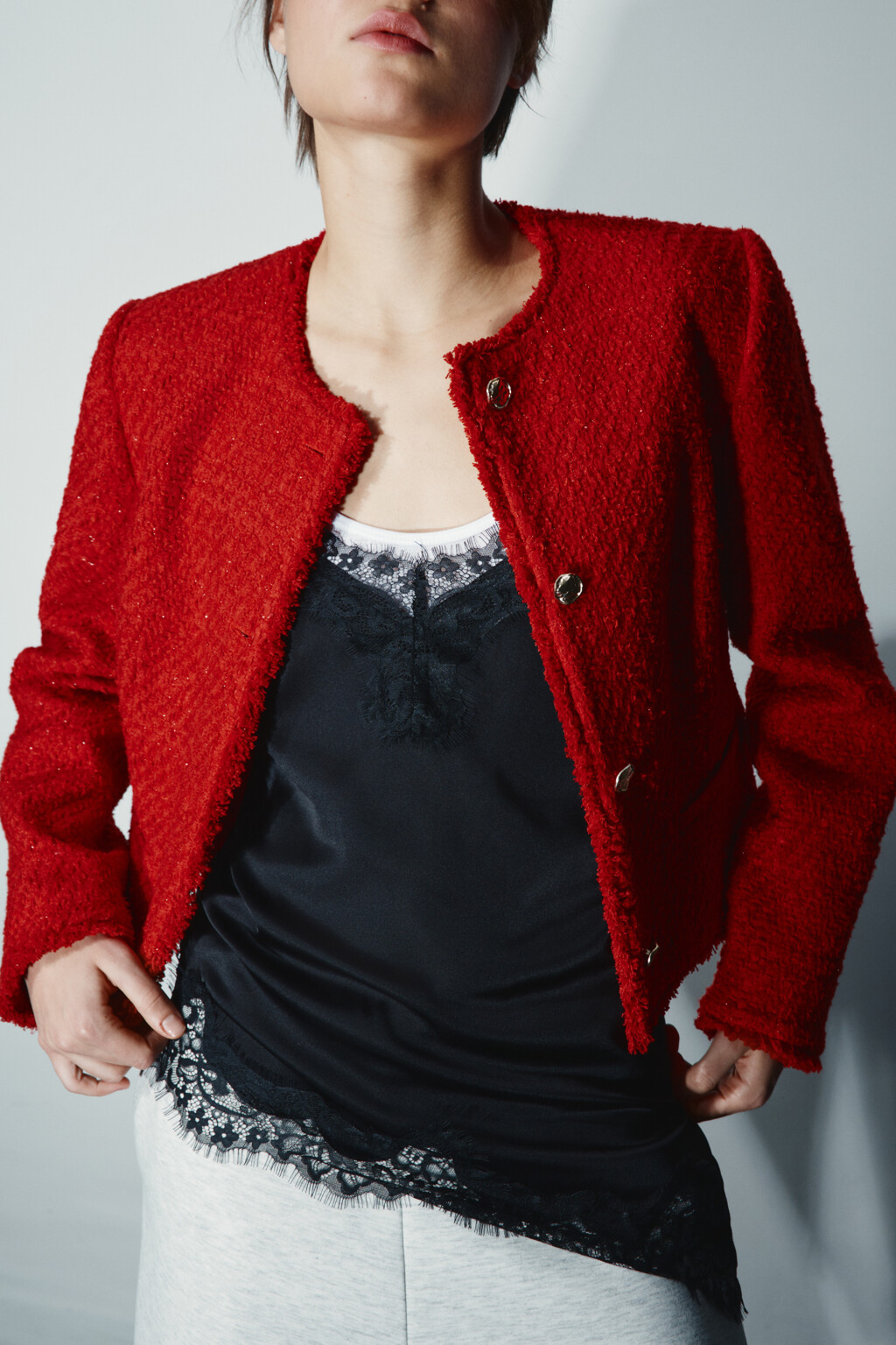Жакет твидовый укороченный с шерстью - цвет красный - 9