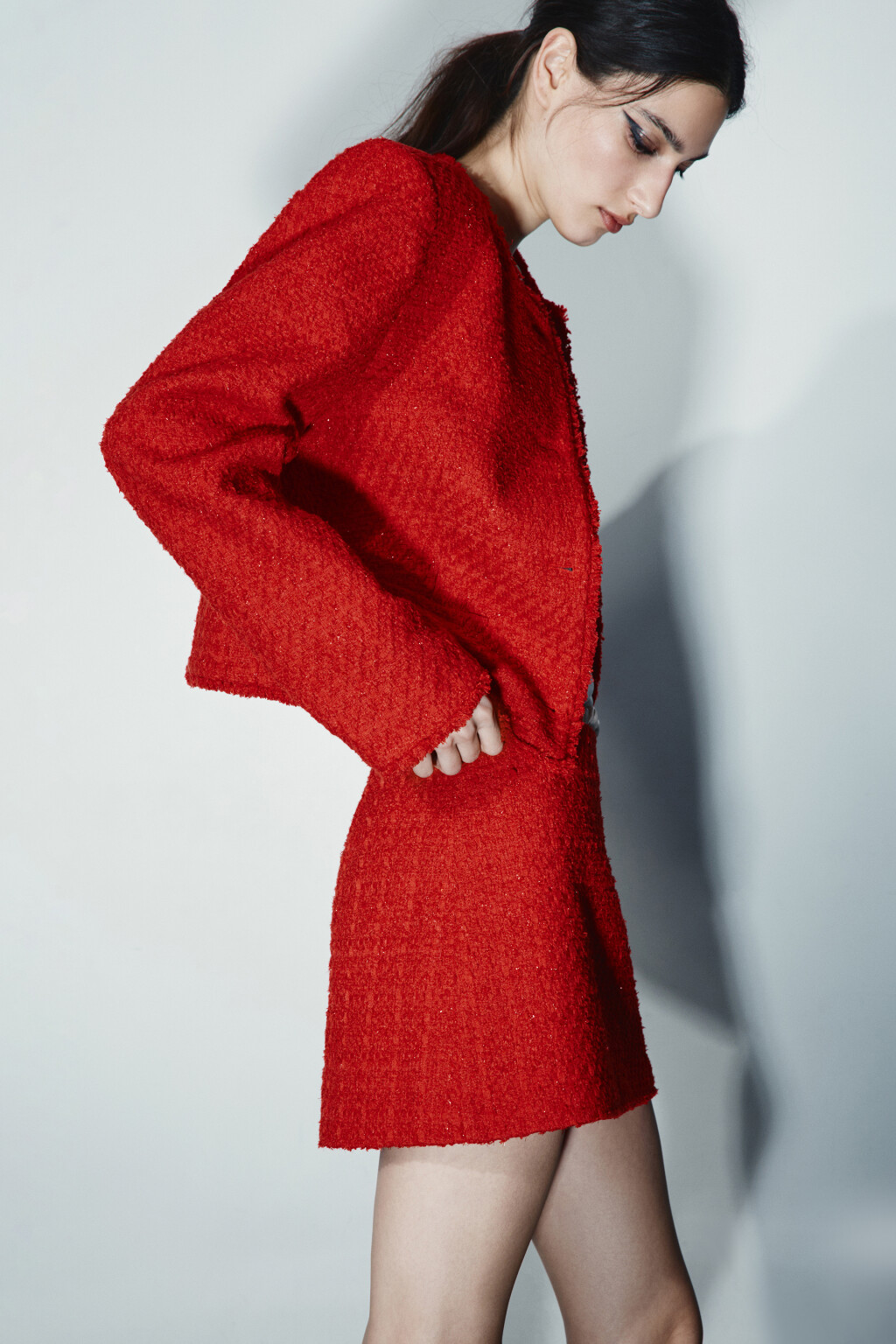 Жакет твидовый укороченный с шерстью - цвет красный - 2