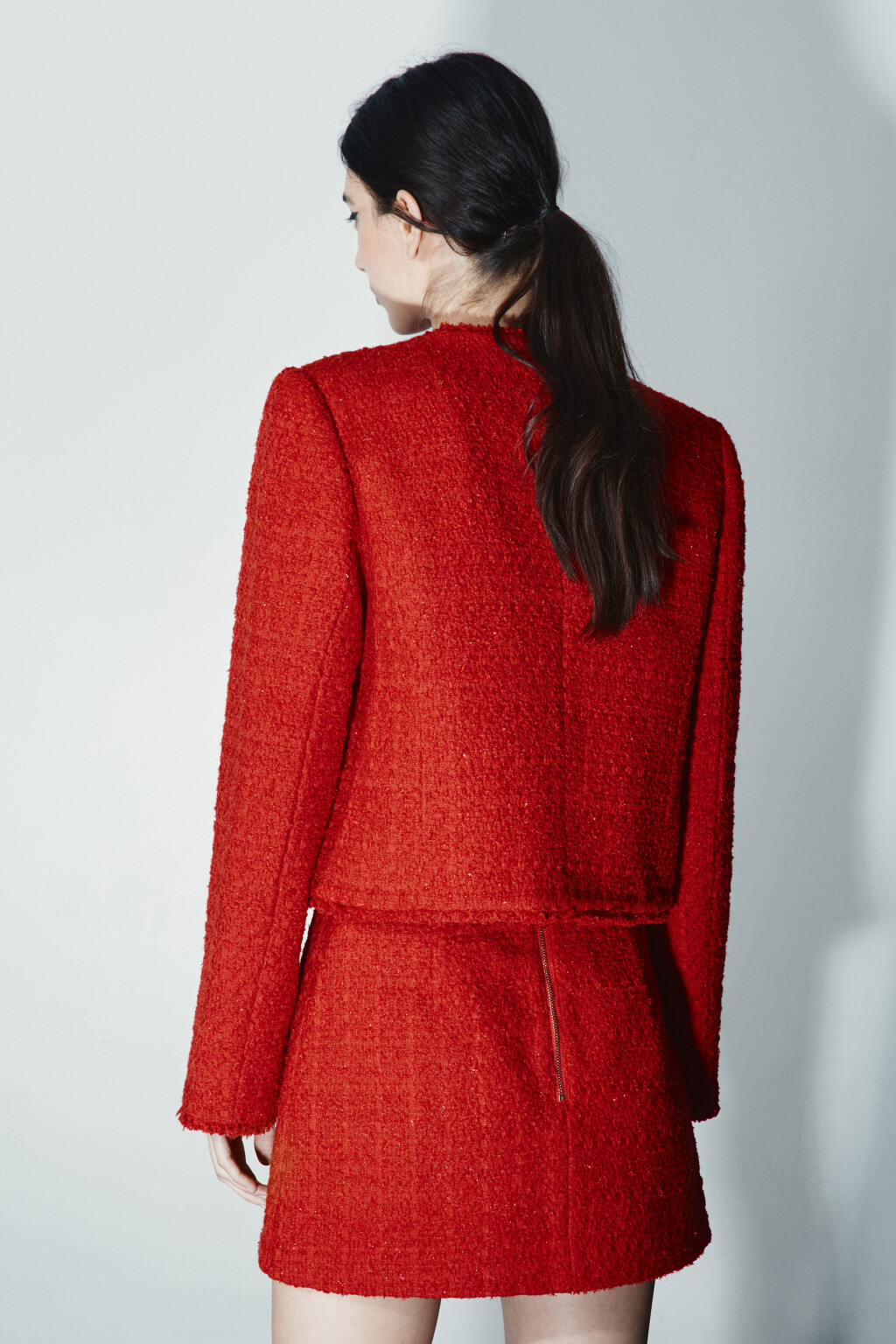 Жакет твидовый укороченный с шерстью - цвет красный - 4