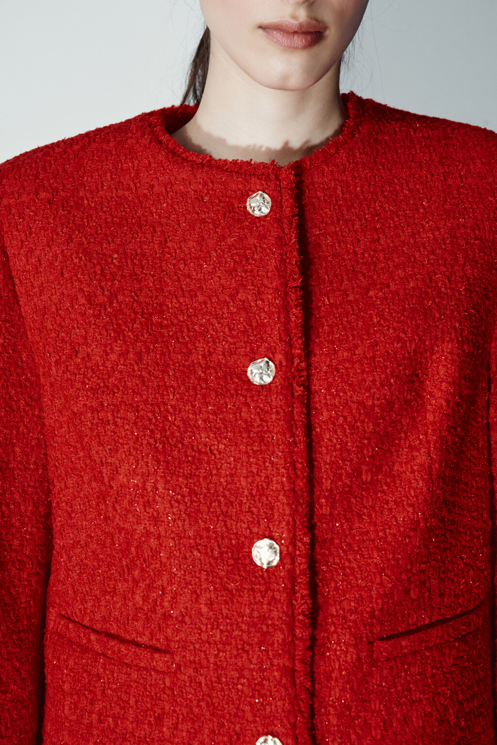 Жакет твидовый укороченный с шерстью - цвет красный - 6
