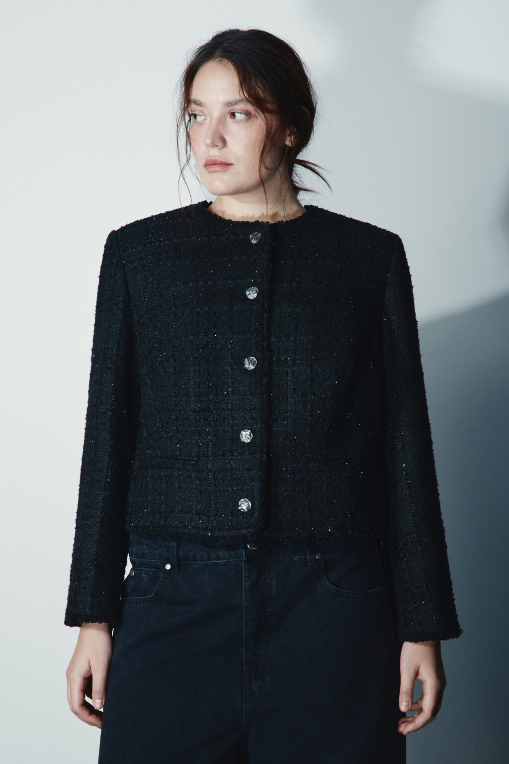 Жакет твидовый укороченный с шерстью - цвет черный - 2
