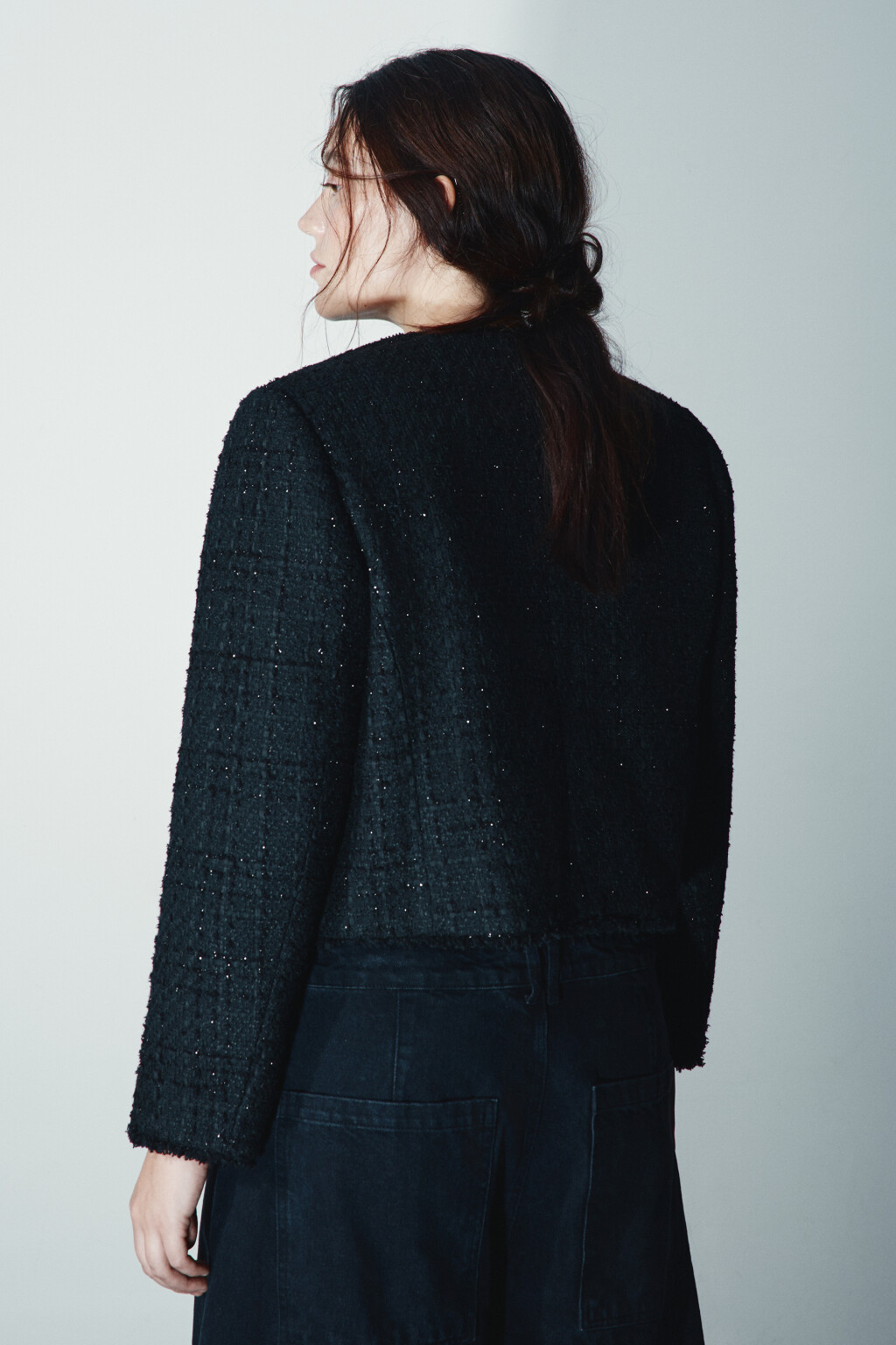 Жакет твидовый укороченный с шерстью - цвет черный - 3