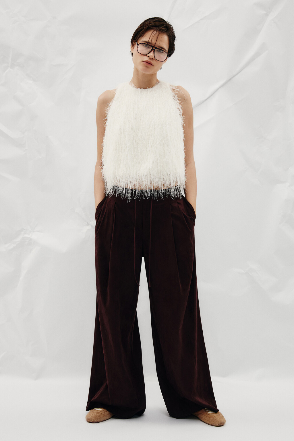 Брюки wide leg замшевые - цвет коричневый - 2