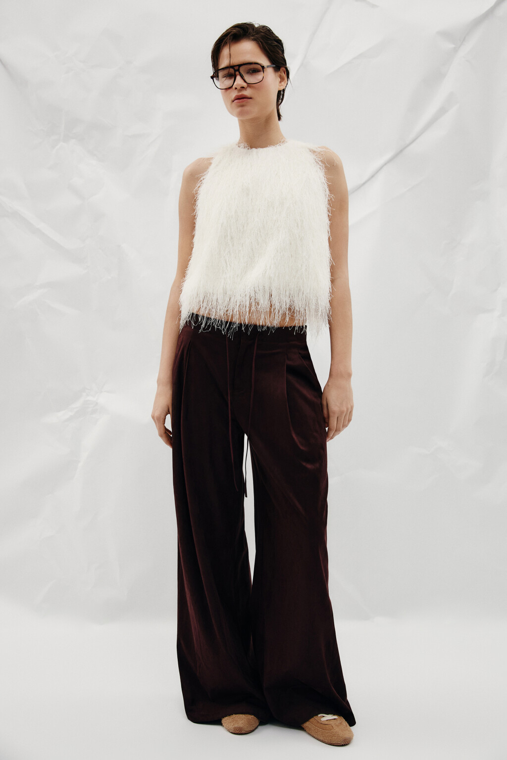 Брюки wide leg замшевые - цвет коричневый - 5