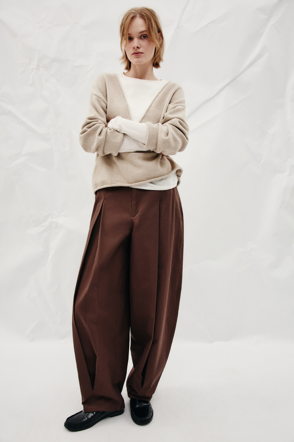 Брюки barrel fit из хлопка - цвет коричневый - 3