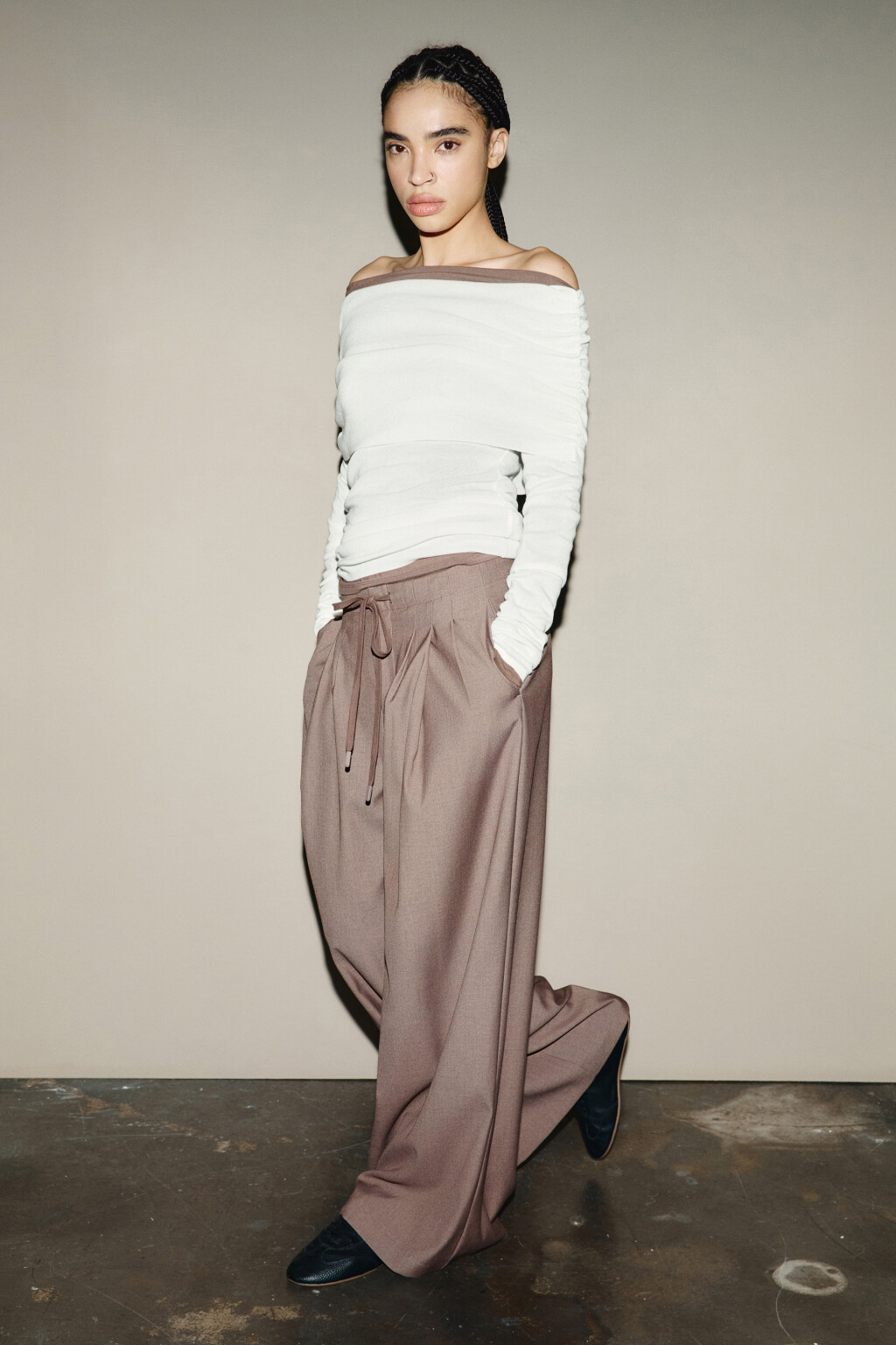 Брюки wide leg на завязках - цвет коричневый - 1