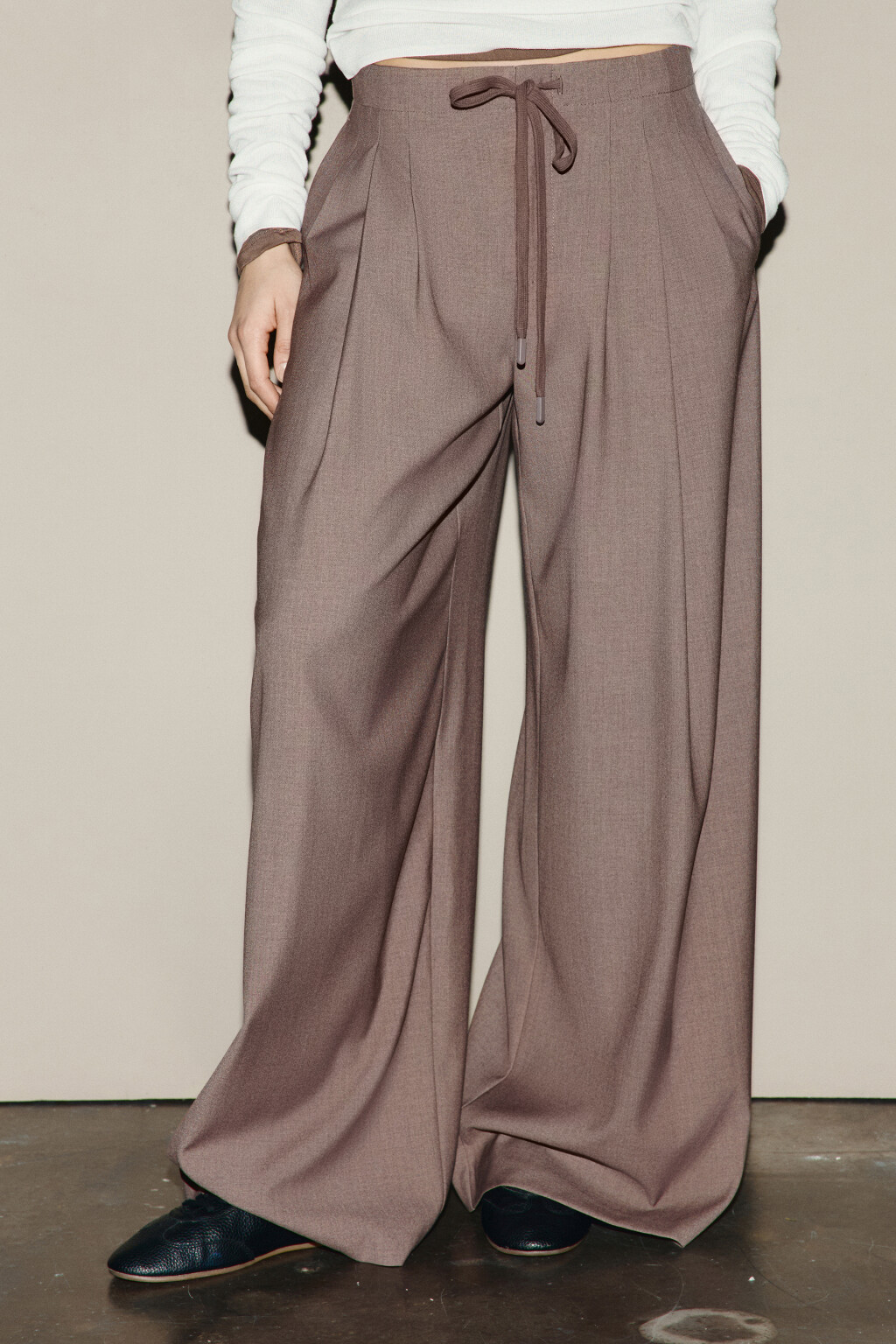 Брюки wide leg на завязках - цвет коричневый - 2