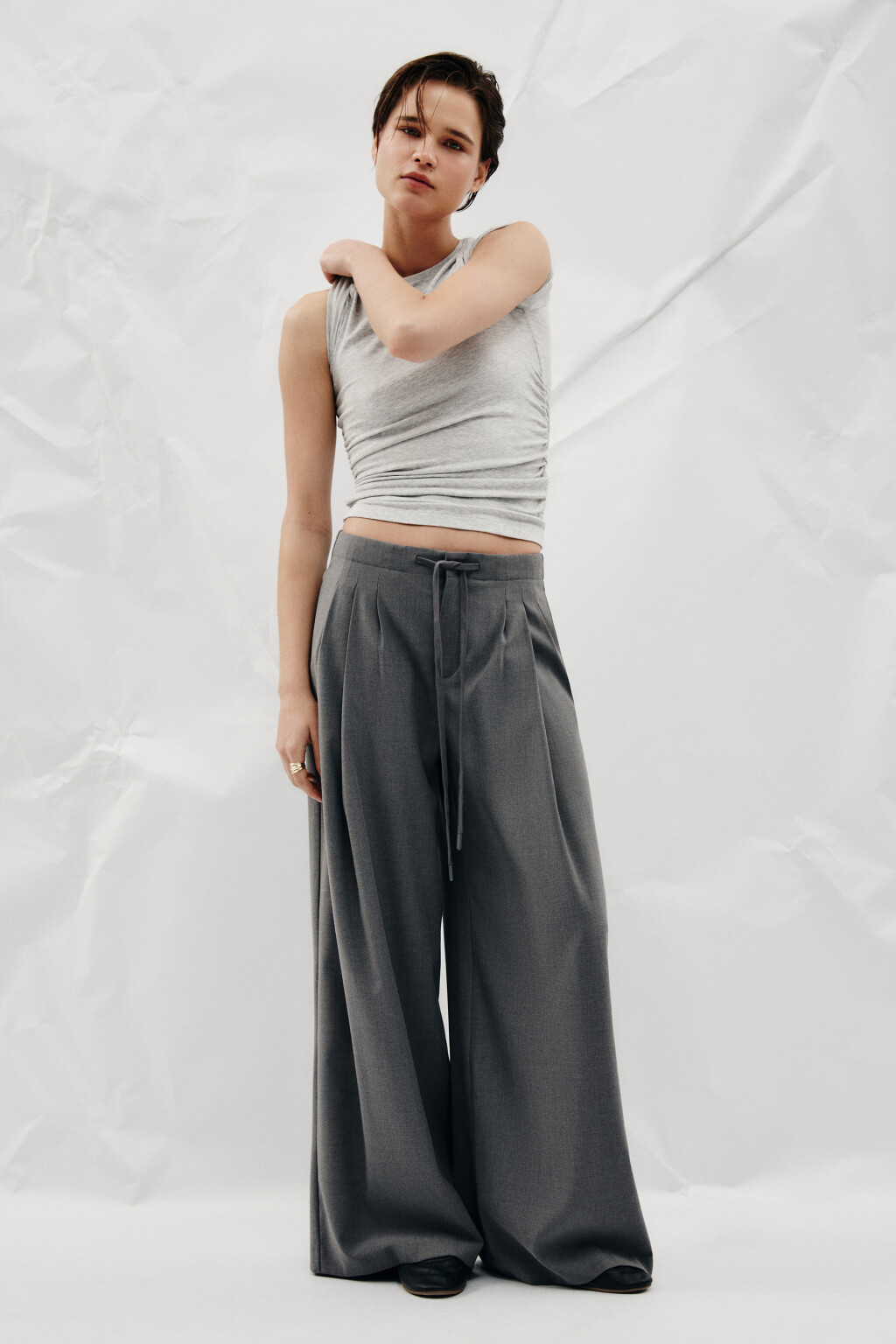 Брюки wide leg на завязках - цвет серый - 2