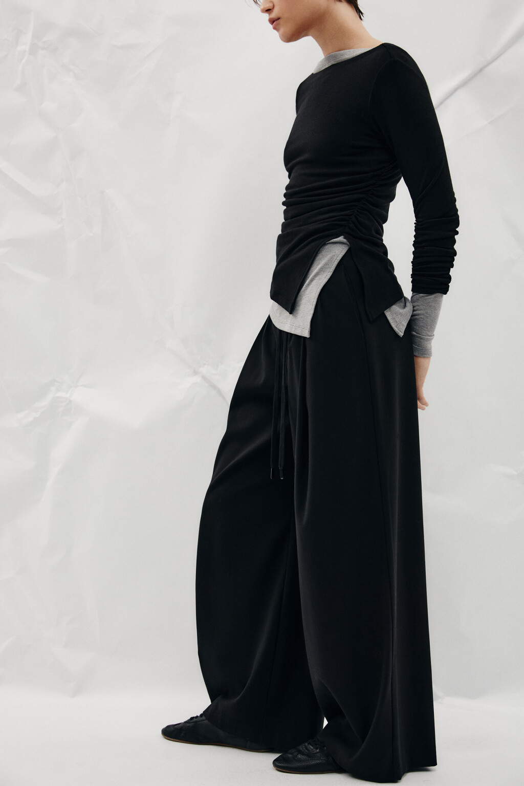 Брюки wide leg на завязках - цвет черный - 1