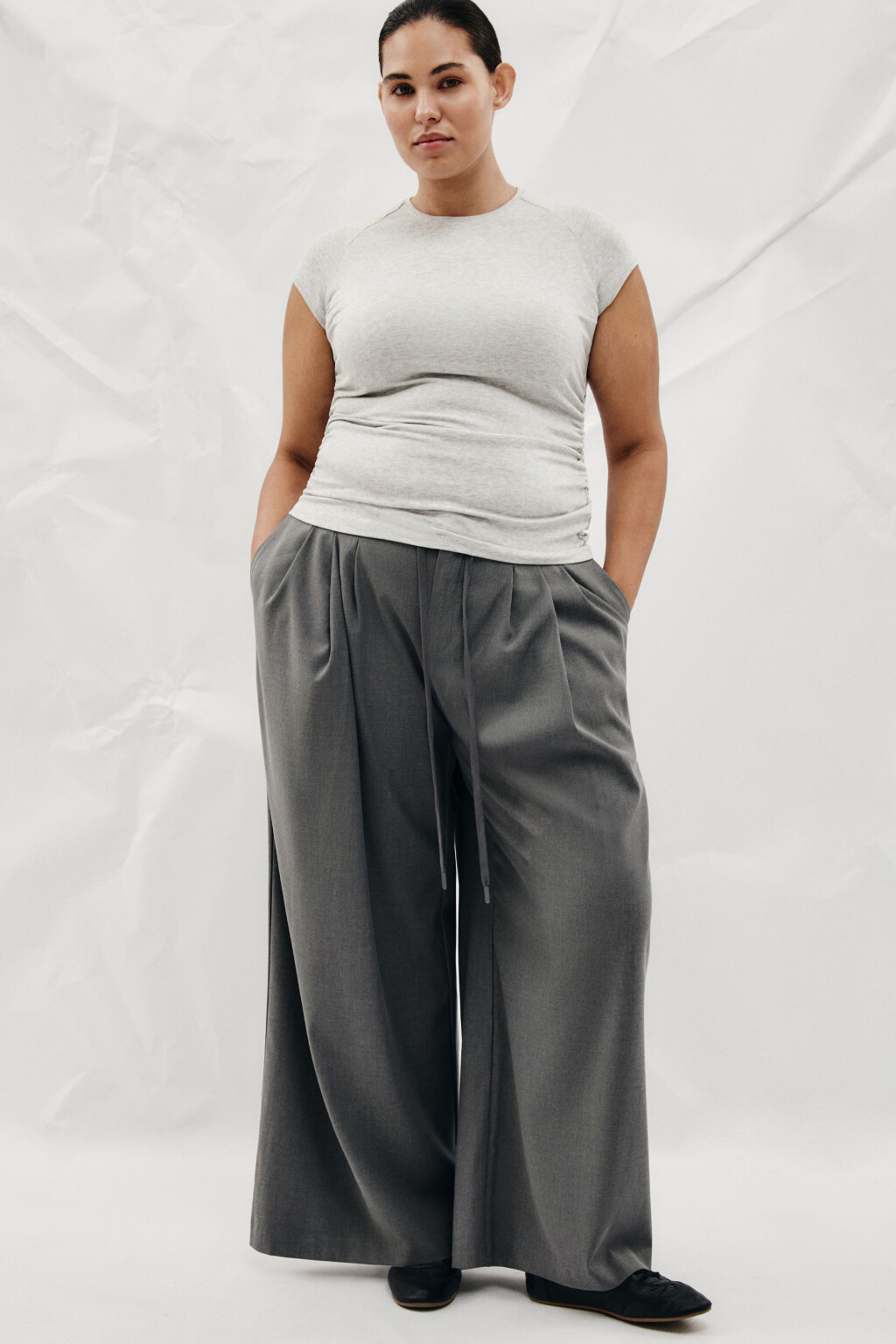 Брюки wide leg костюмные на завязках больших размеров - цвет серый - 1