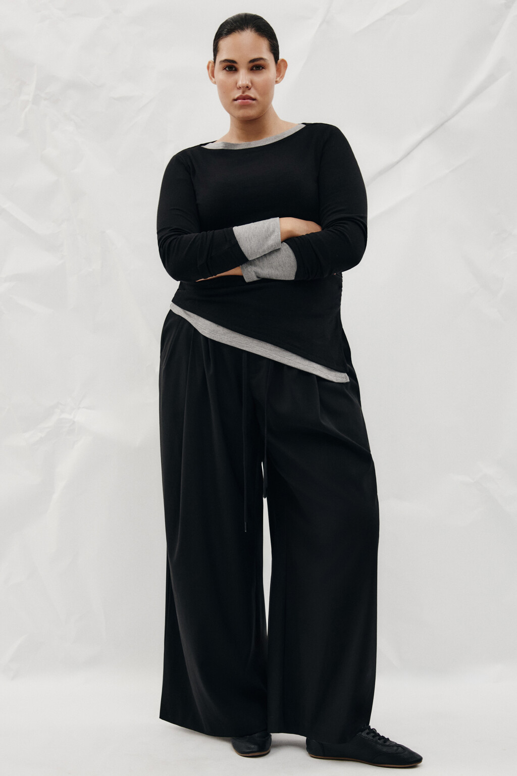 Брюки wide leg костюмные на завязках больших размеров - цвет черный - 1