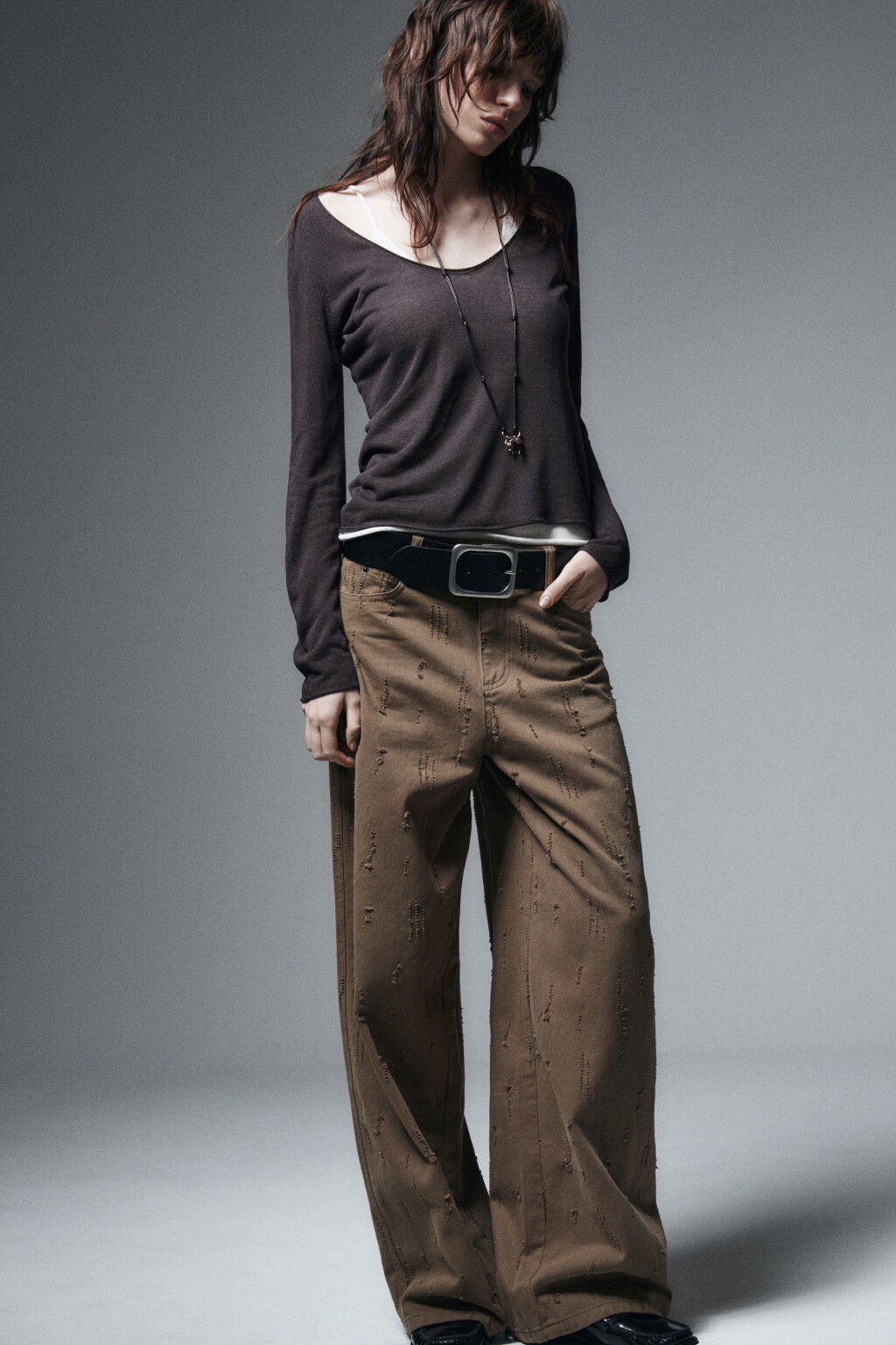 Брюки wide leg рваные - цвет зеленый - 1