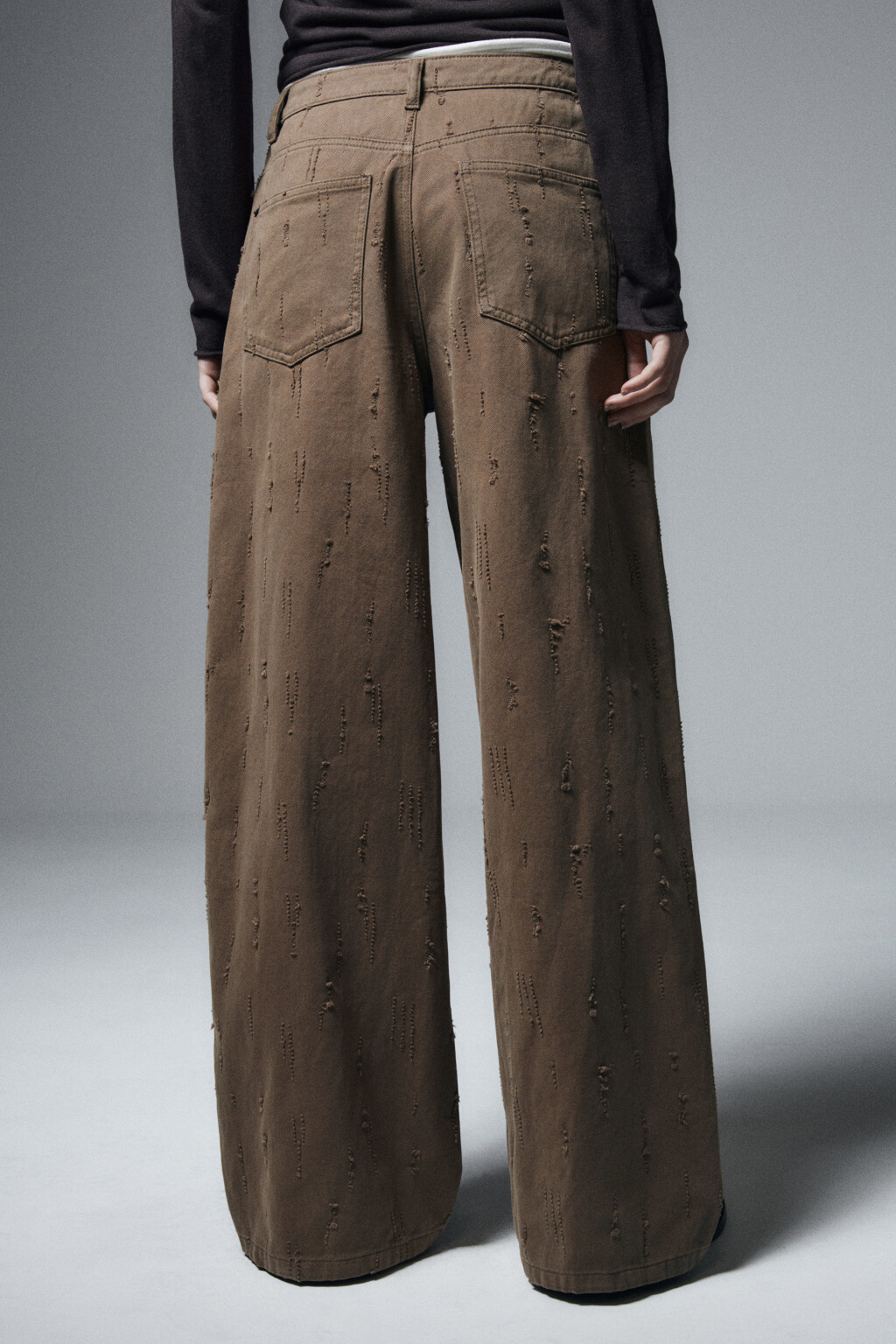 Брюки wide leg рваные - цвет зеленый - 3