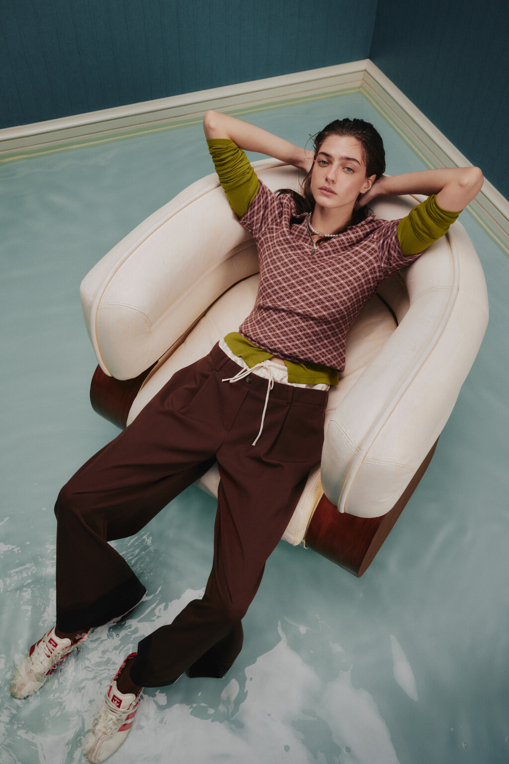 Брюки с имитацией второго слоя  - цвет бежевый - 1