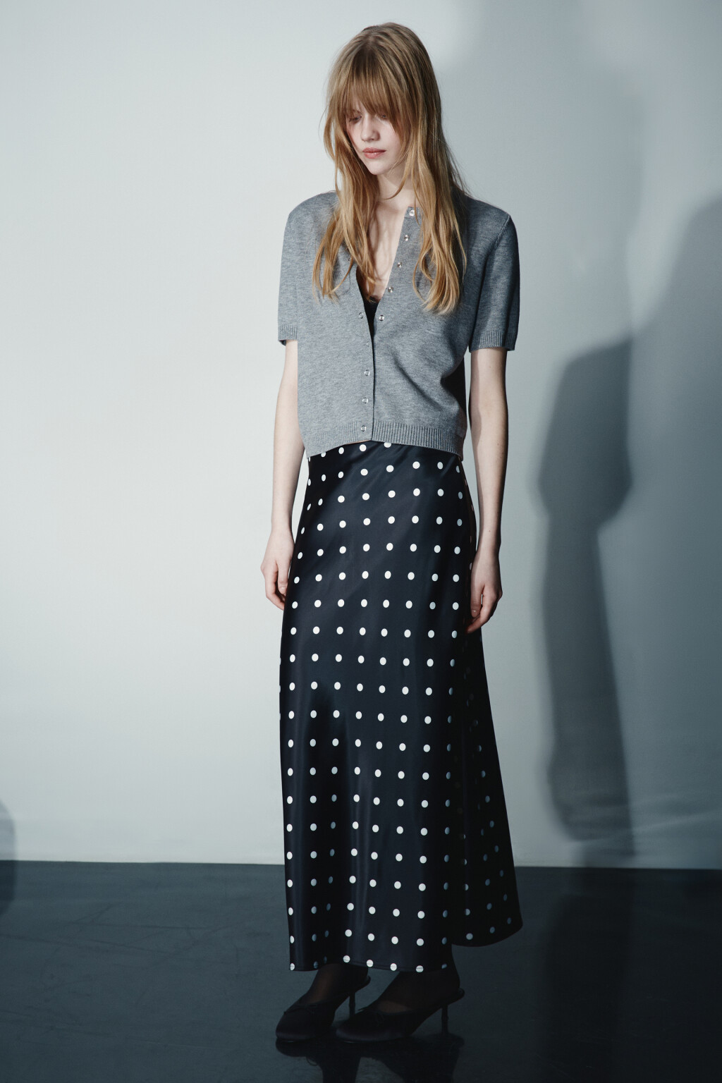 Юбка-годе макси атласная в горошек - цвет черный - 6
