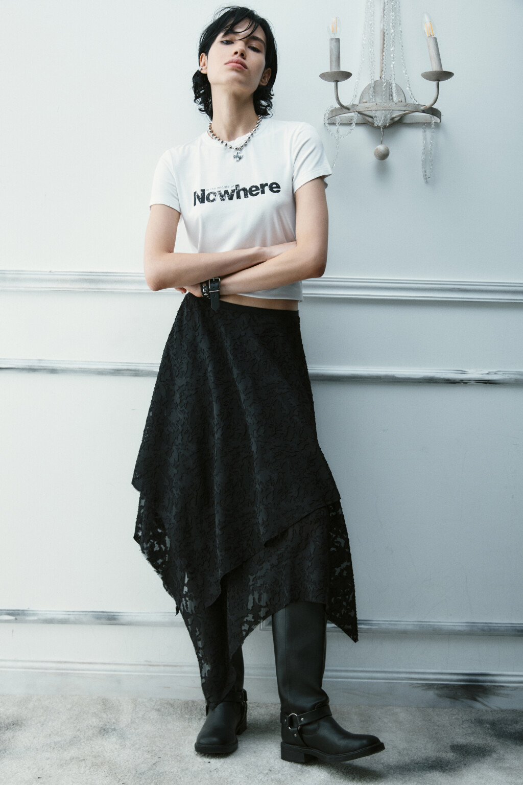 Юбка миди асимметричная с кружевом - цвет черный - 1