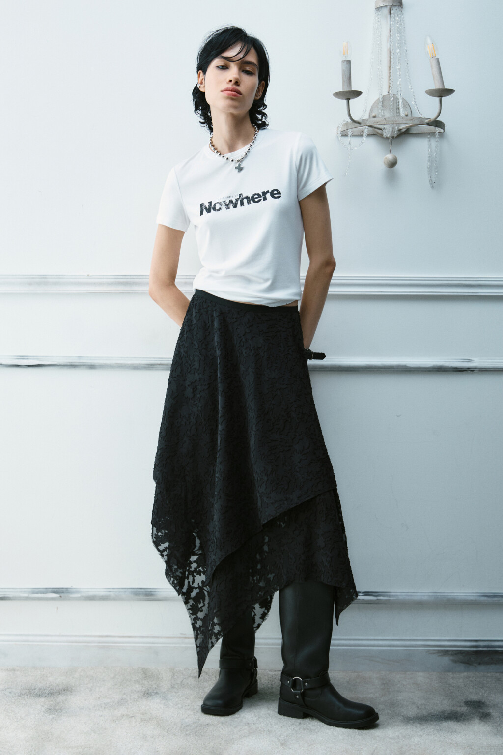 Юбка миди асимметричная с кружевом - цвет черный - 4