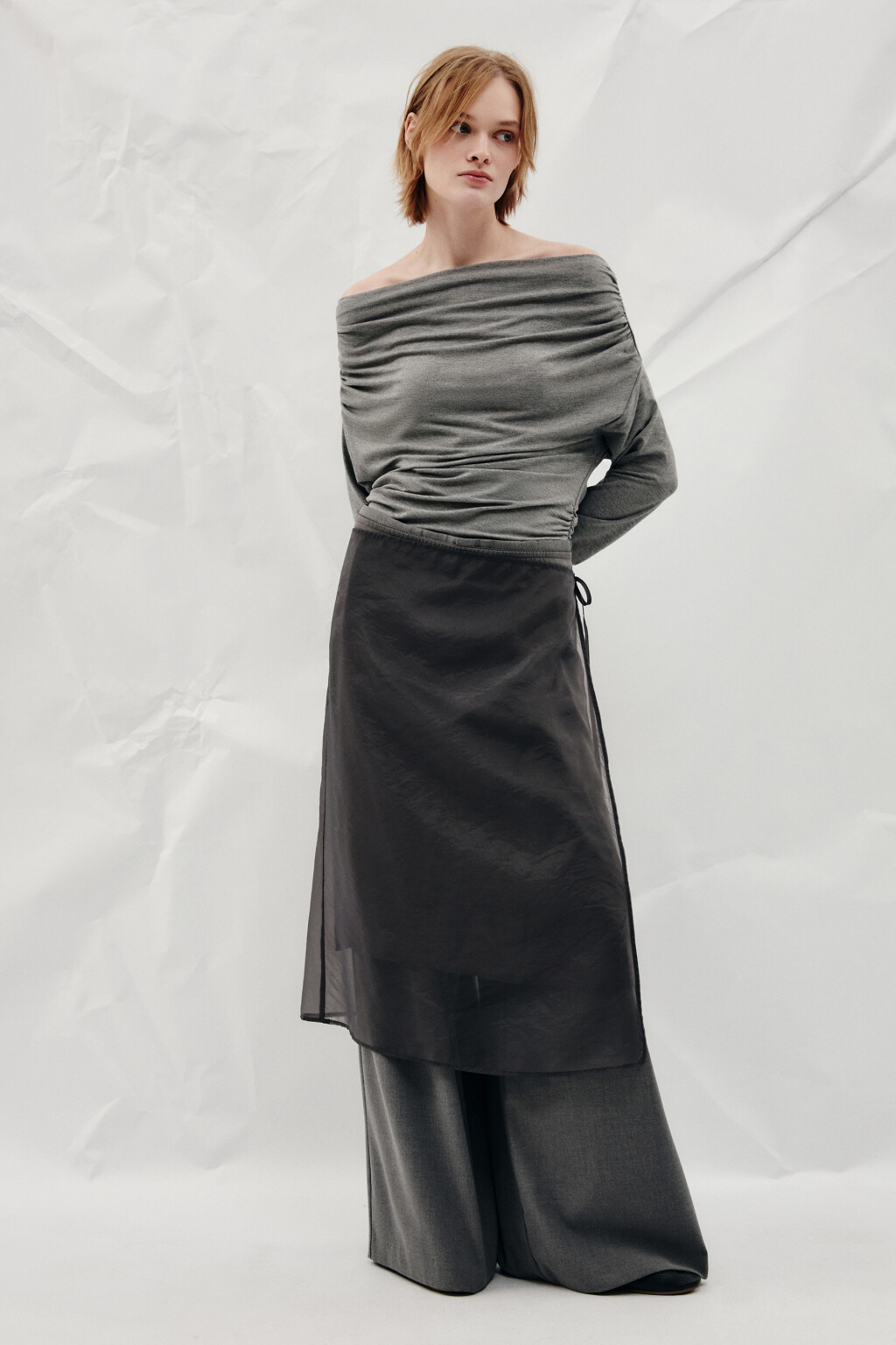 Юбка миди с полупрозрачным фартуком - цвет серый - 4