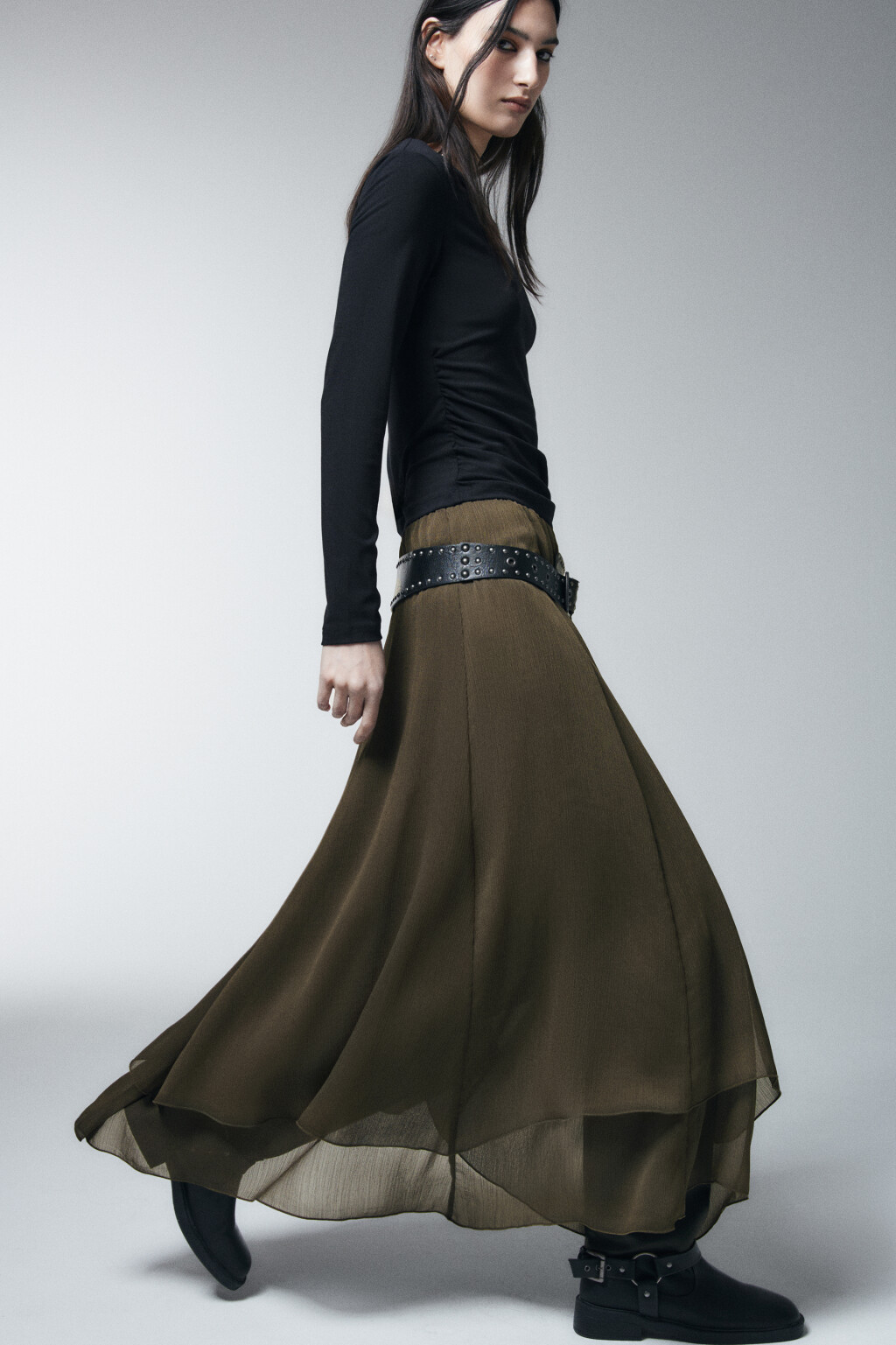 Юбка-трапеция миди асимметричная - цвет зеленый - 1