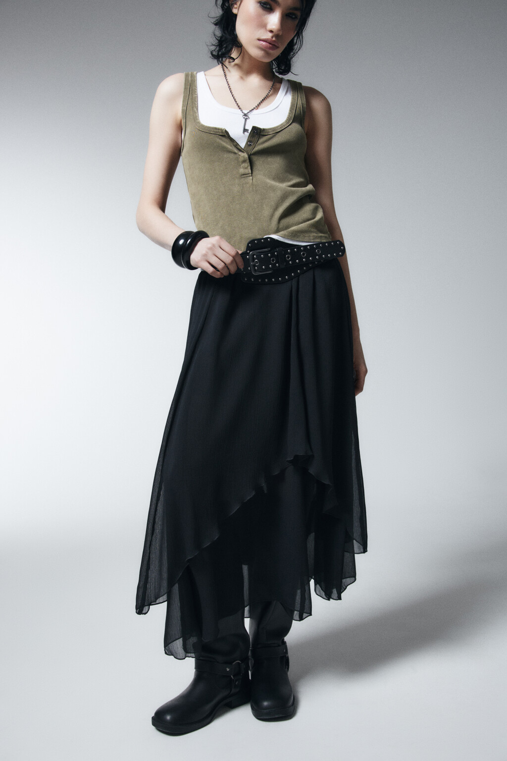 Юбка-трапеция миди асимметричная - цвет черный - 1