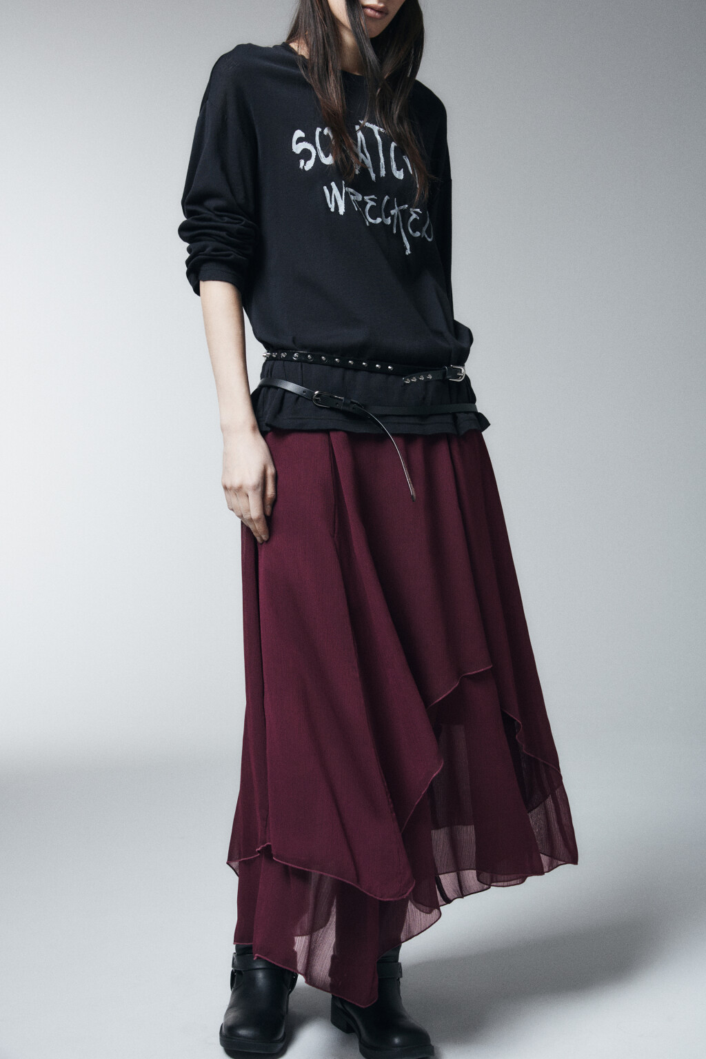 Юбка-трапеция миди асимметричная - цвет бордовый - 1