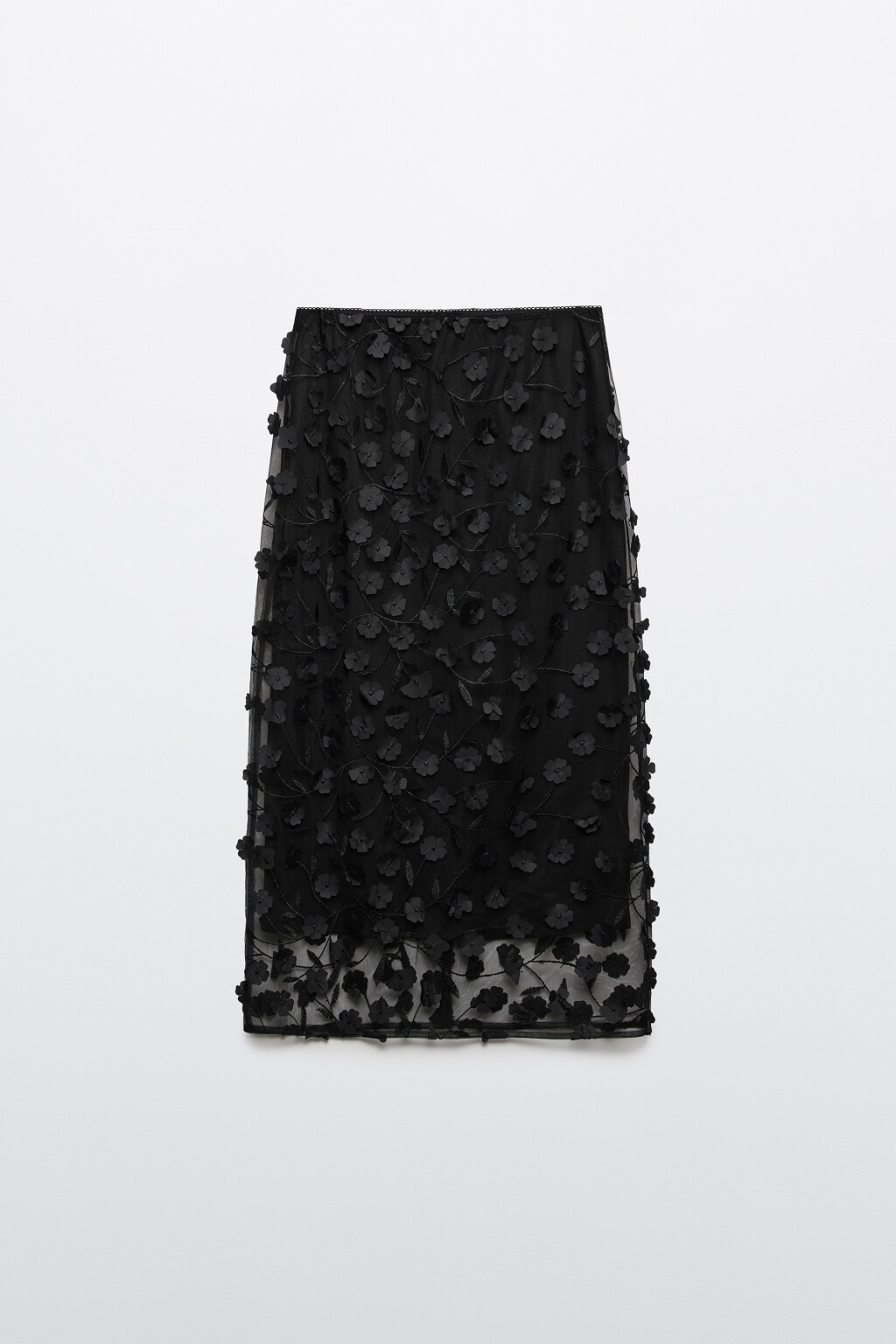 Юбка миди прямая с цветочной вышивкой - цвет черный - 1