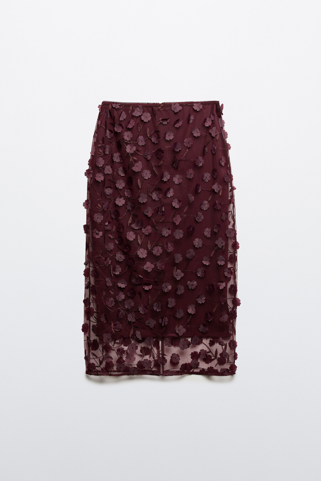 Юбка миди прямая с цветочной вышивкой - цвет бордовый - 1