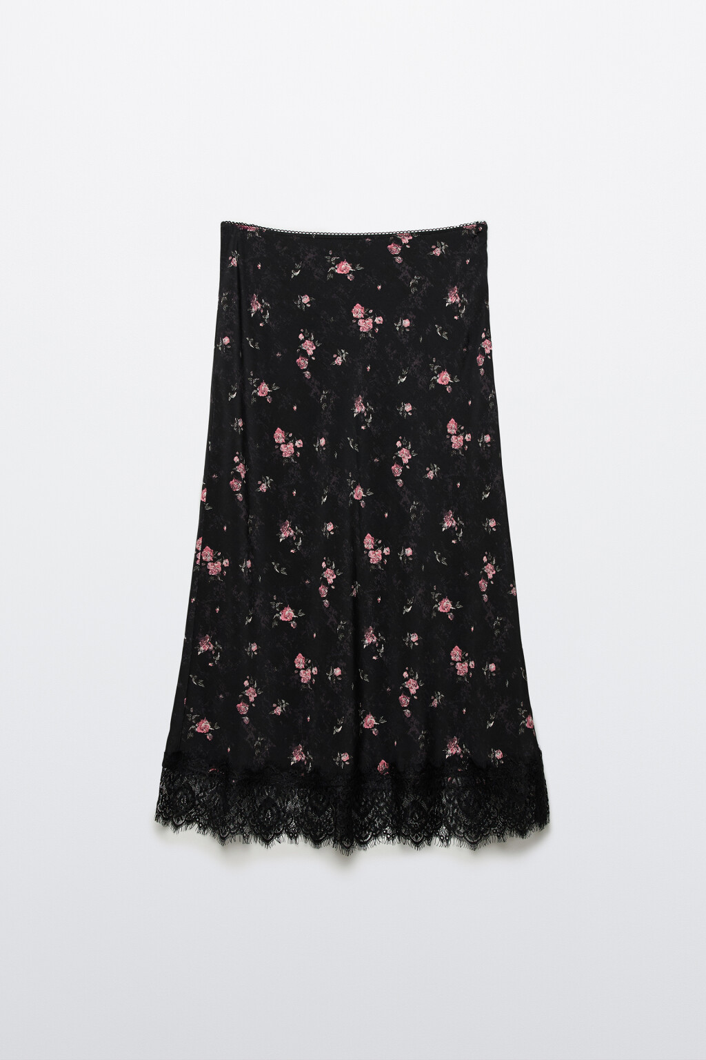 Юбка миди прямая с кружевом и принтом - цвет черный - 1
