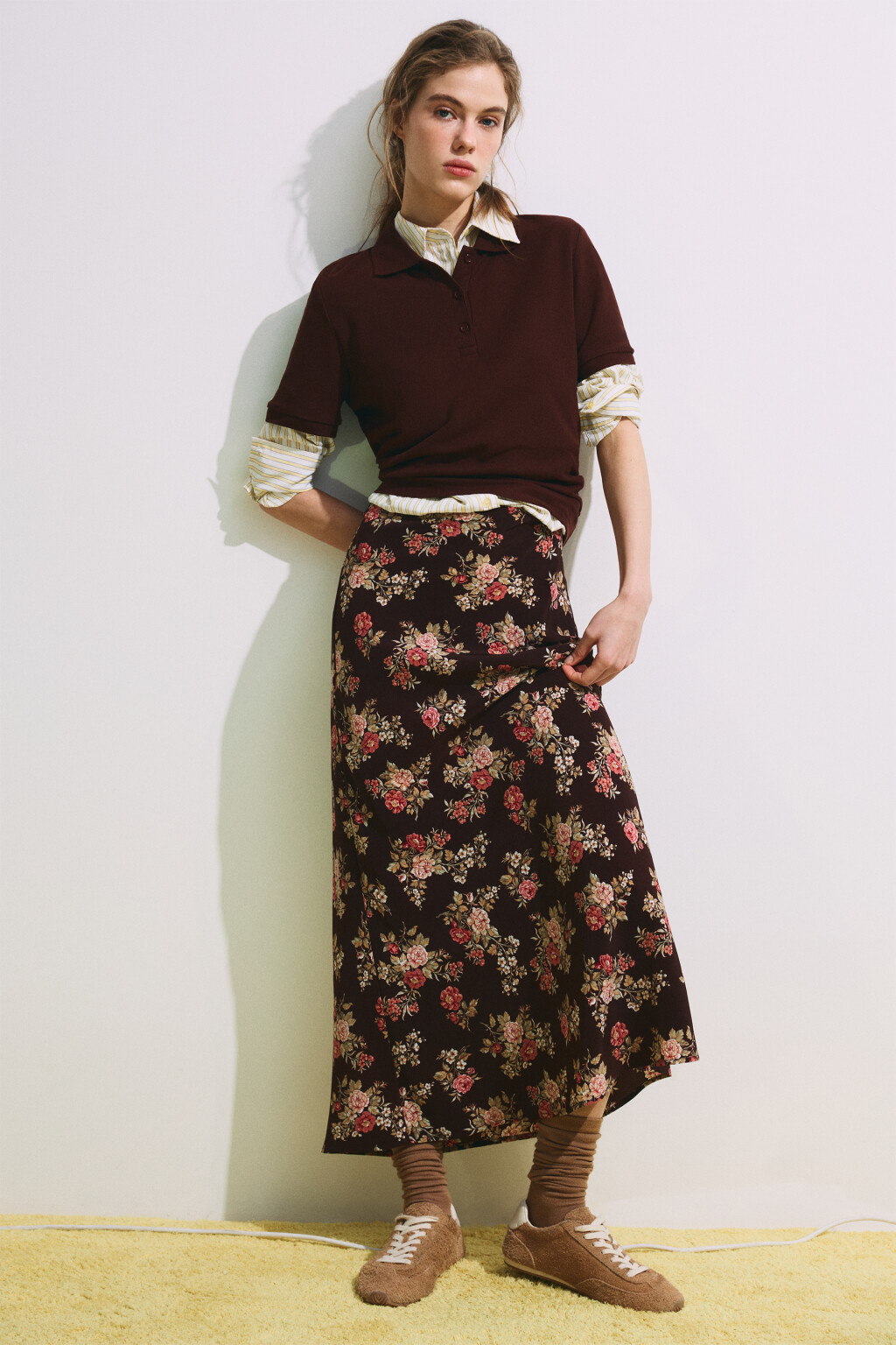 Юбка-годе макси с цветочным принтом - цвет бордовый - 3