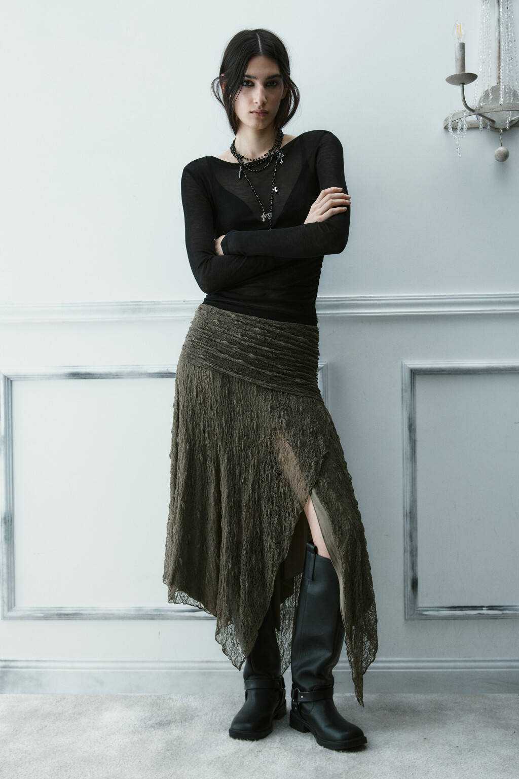 Юбка миди из кружева асимметричная - цвет зеленый - 4