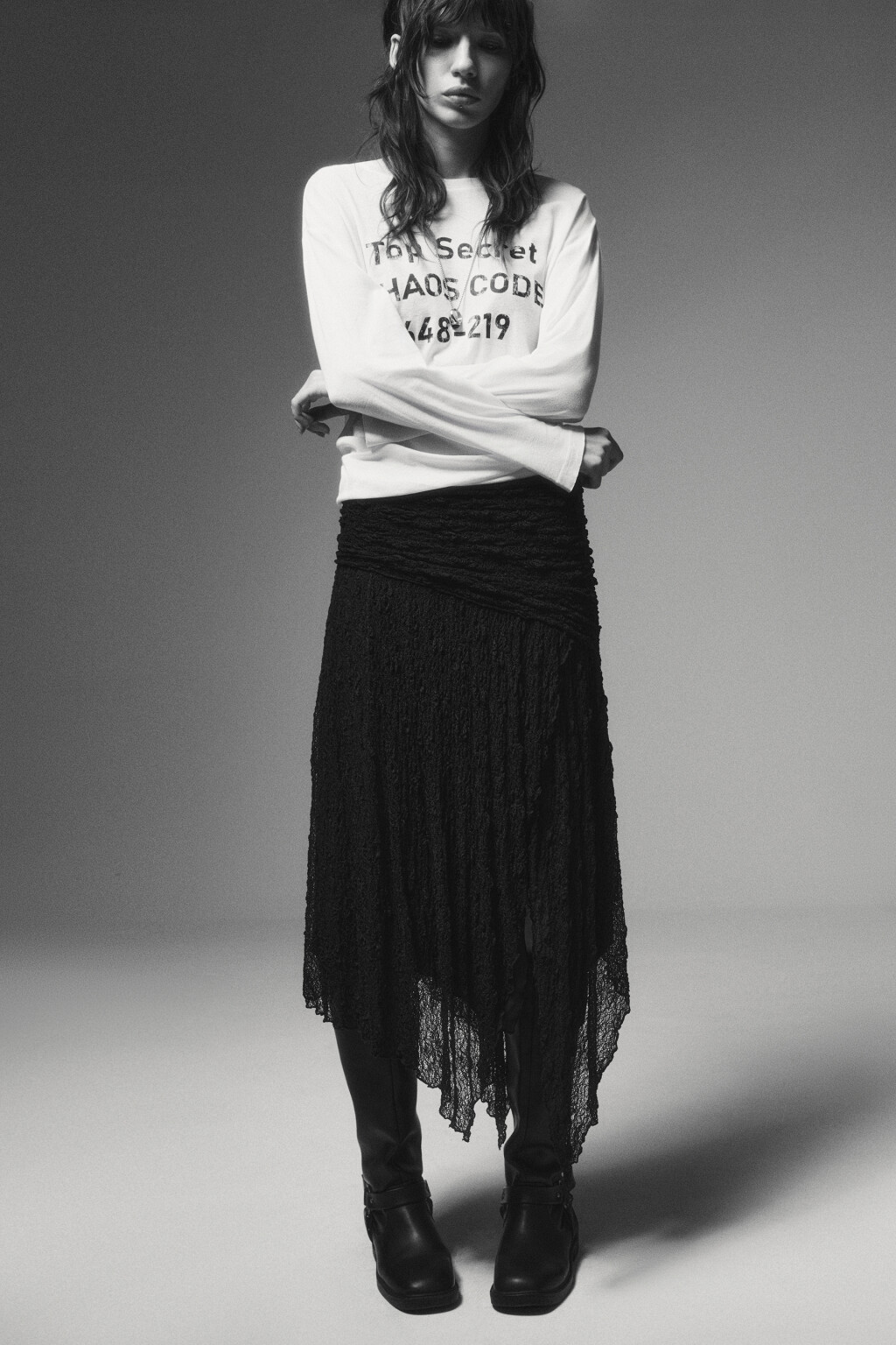 Юбка миди из кружева асимметричная - цвет черный - 1