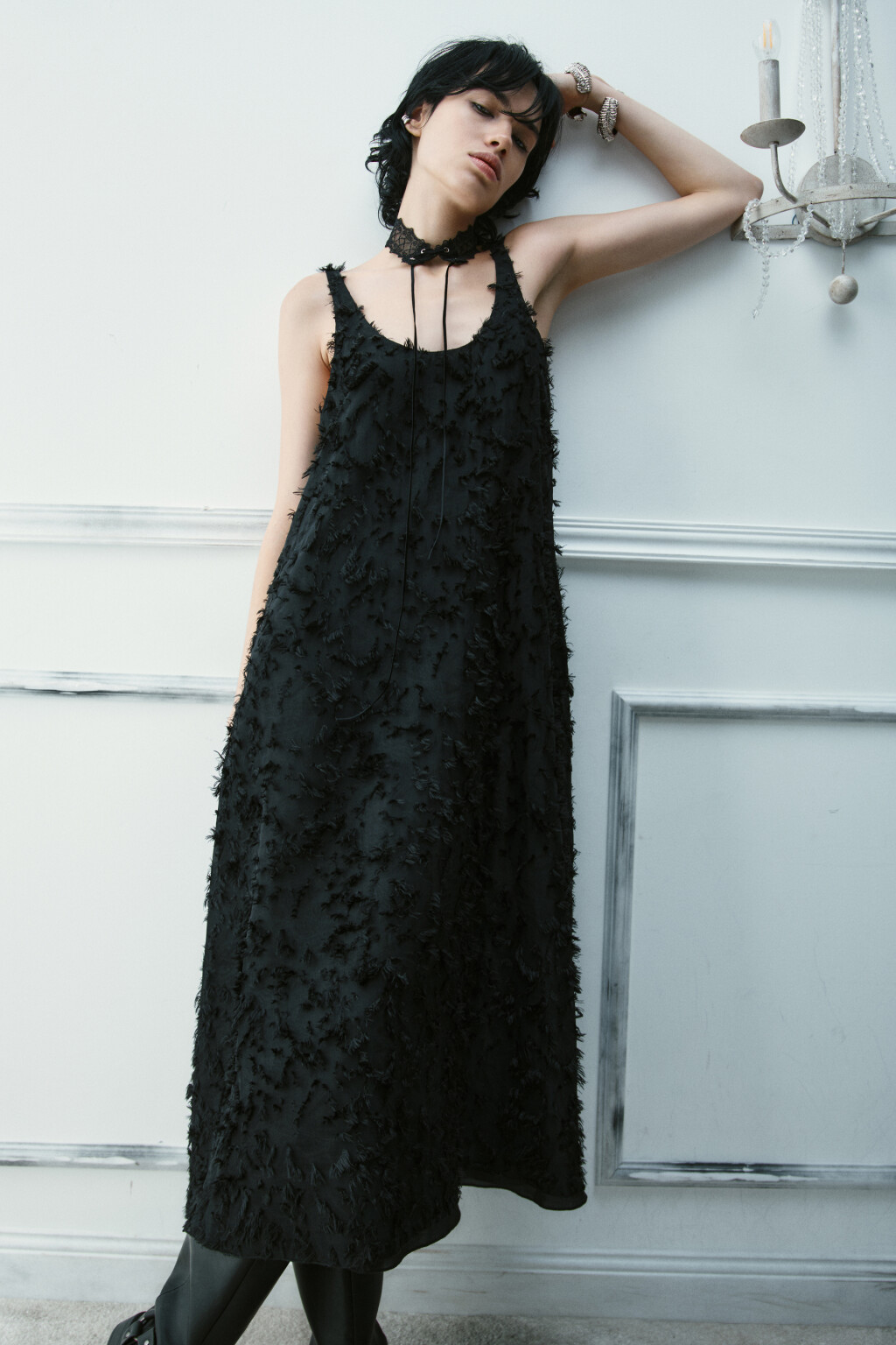 Платье-трапеция миди ажурное - цвет черный - 1