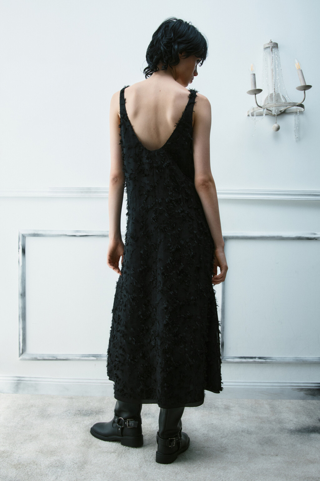 Платье-трапеция миди ажурное - цвет черный - 3