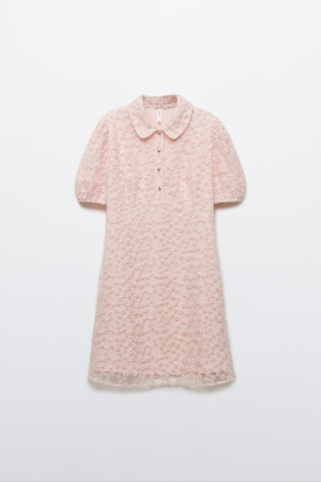 Платье-трапеция мини с цветочной вышивкой - цвет розовый - 1