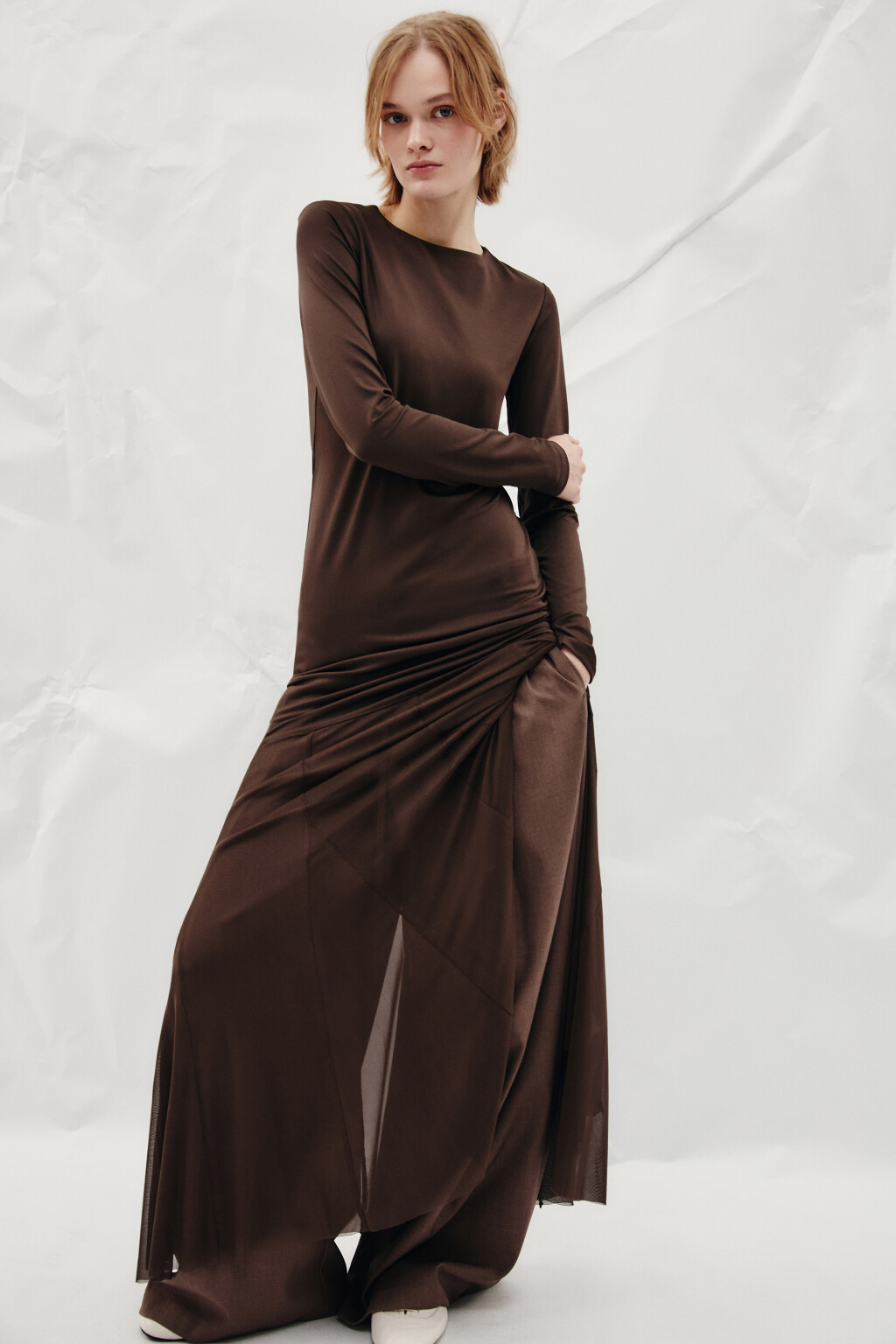 Платье макси с юбкой из сетки - цвет коричневый - 1