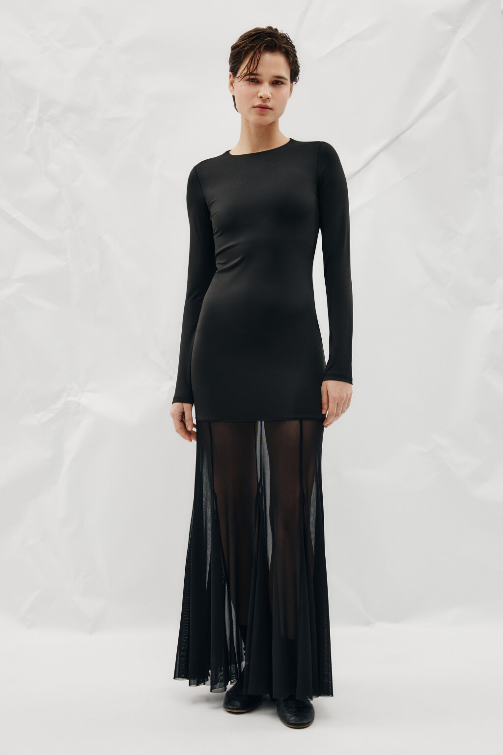 Платье макси с юбкой из сетки - цвет черный - 3