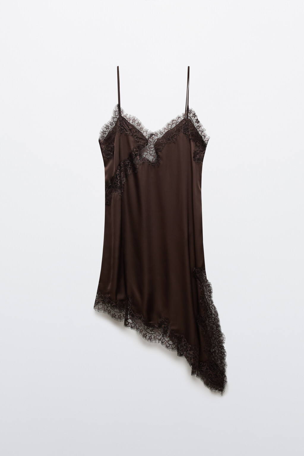 Платье мини атласное асимметричное с кружевом - цвет коричневый - 1